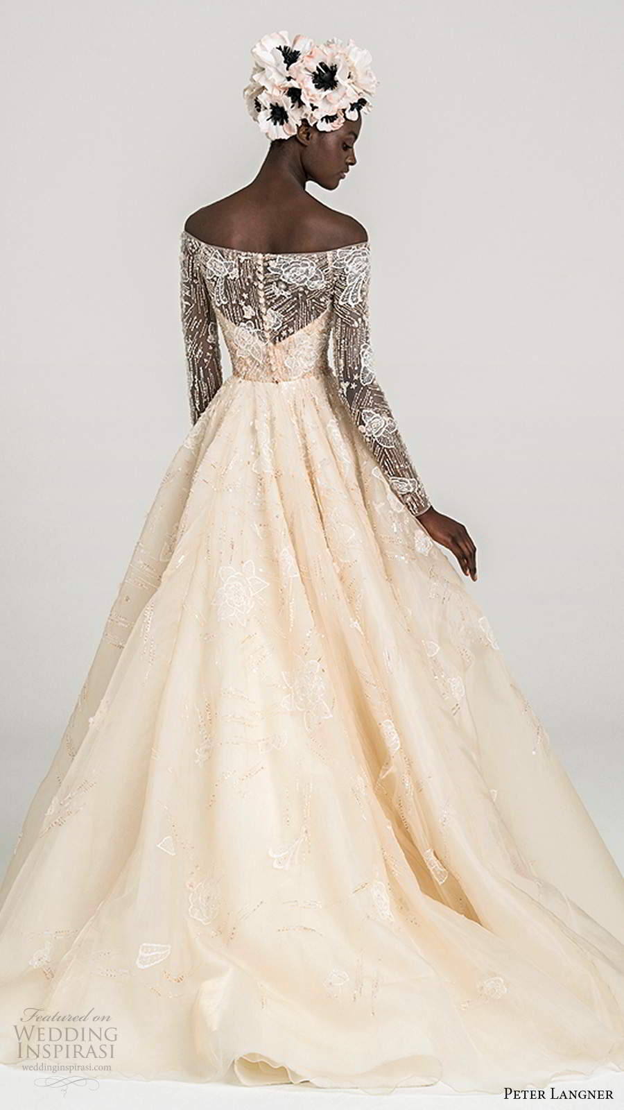 peter langner fall 2020 bridal illusion long sleeves off shoulder semi sweetheart neckline fully embellished a line ball gown blush wedding dress sweep train (2) bv