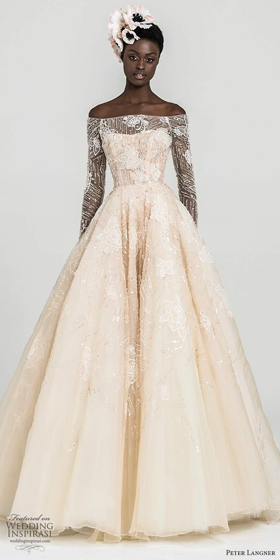 peter langner fall 2020 bridal illusion long sleeves off shoulder semi sweetheart neckline fully embellished a line ball gown blush wedding dress sweep train (2) mv