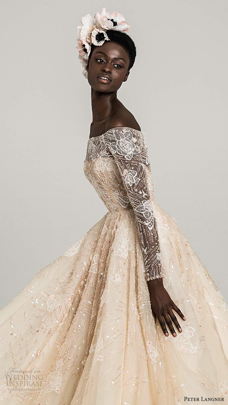 peter langner fall 2020 bridal illusion long sleeves off shoulder semi sweetheart neckline fully embellished a line ball gown blush wedding dress sweep train (2) zv peter langner fall 2020 bridal illusion long sleeves off shoulder semi sweetheart neckline fully embellished a line ball gown blush wedding dress sweep train (2) zv