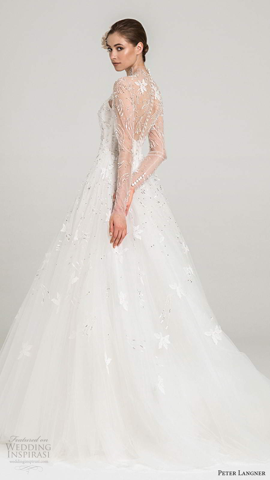 peter langner fall 2020 bridal illusion long sleeves sheer high neckline fully embellished a line ball gown wedding dress sheer back chapel train (3) bv