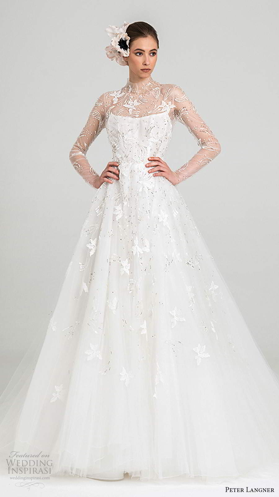 peter langner fall 2020 bridal illusion long sleeves sheer high neckline fully embellished a line ball gown wedding dress sheer back chapel train (3) mv