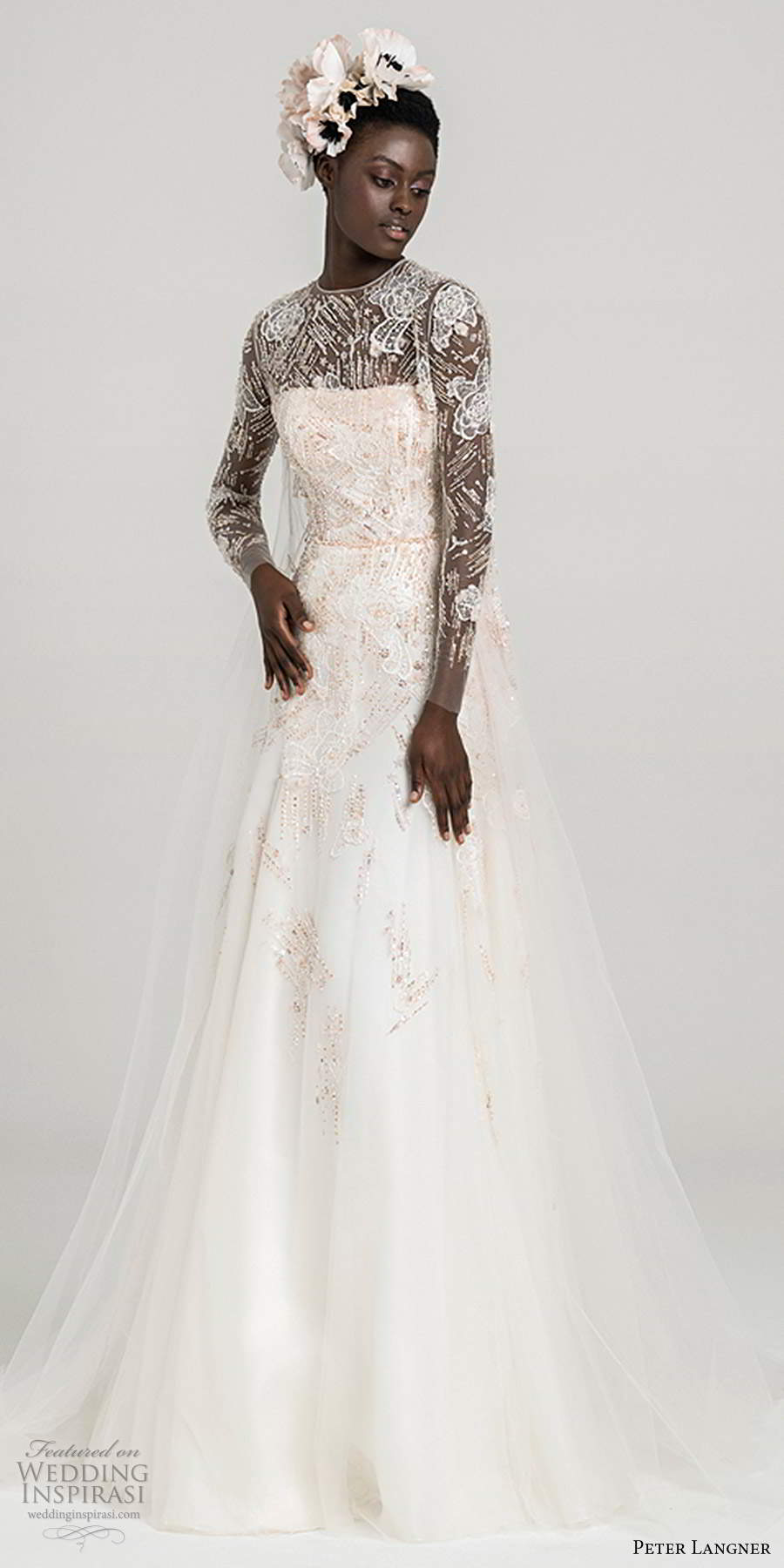 peter langner fall 2020 bridal illusion long sleeves sheer jewel neck fully embellished a line ball gown wedding dress blush color sweep train (10) mv