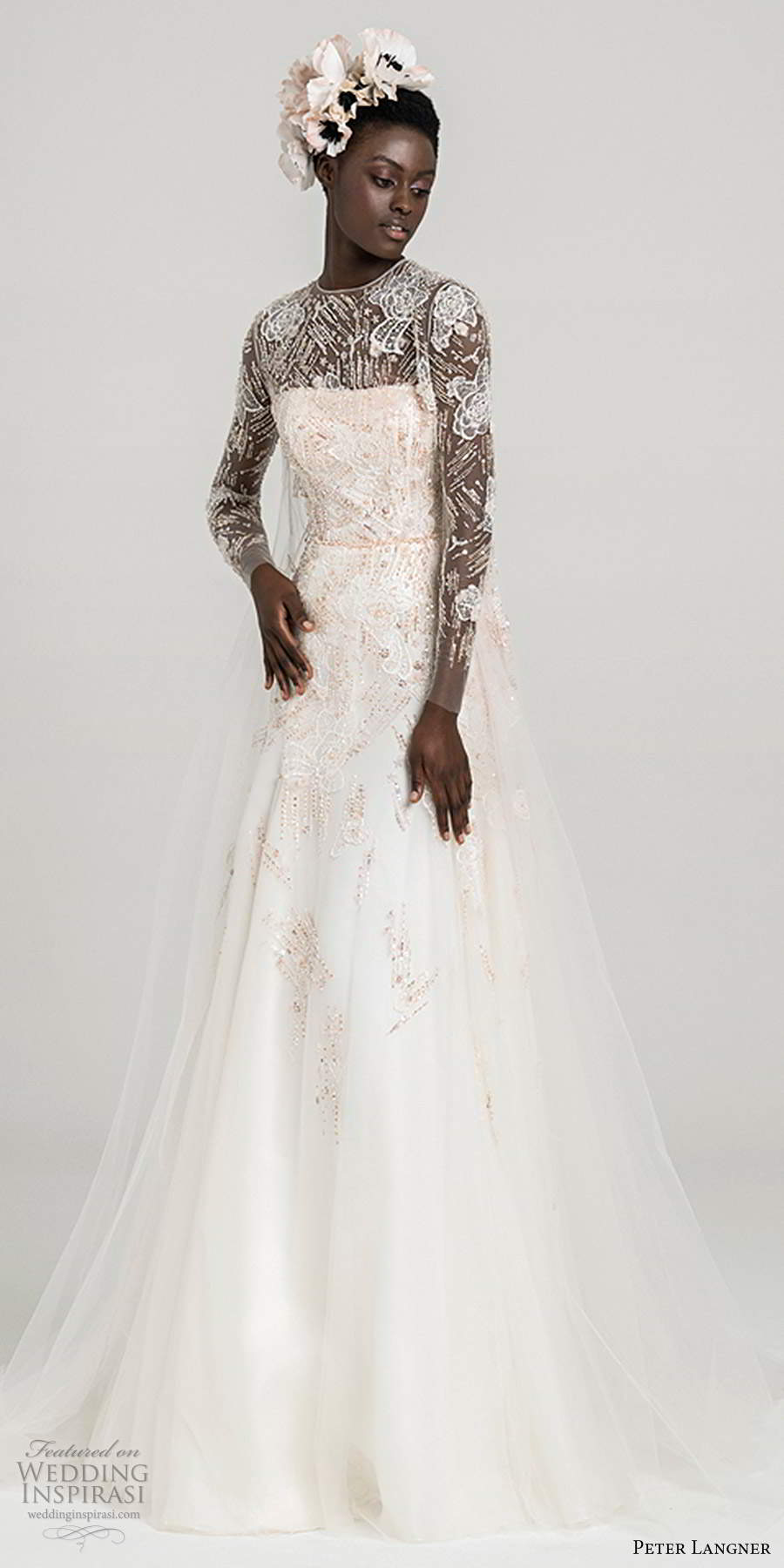peter langner fall 2020 bridal illusion long sleeves sheer jewel neck fully embellished a line ball gown wedding dress blush color sweep train (10) mv peter langner fall 2020 bridal illusion long sleeves sheer jewel neck fully embellished a line ball gown wedding dress blush color sweep train (10) mv