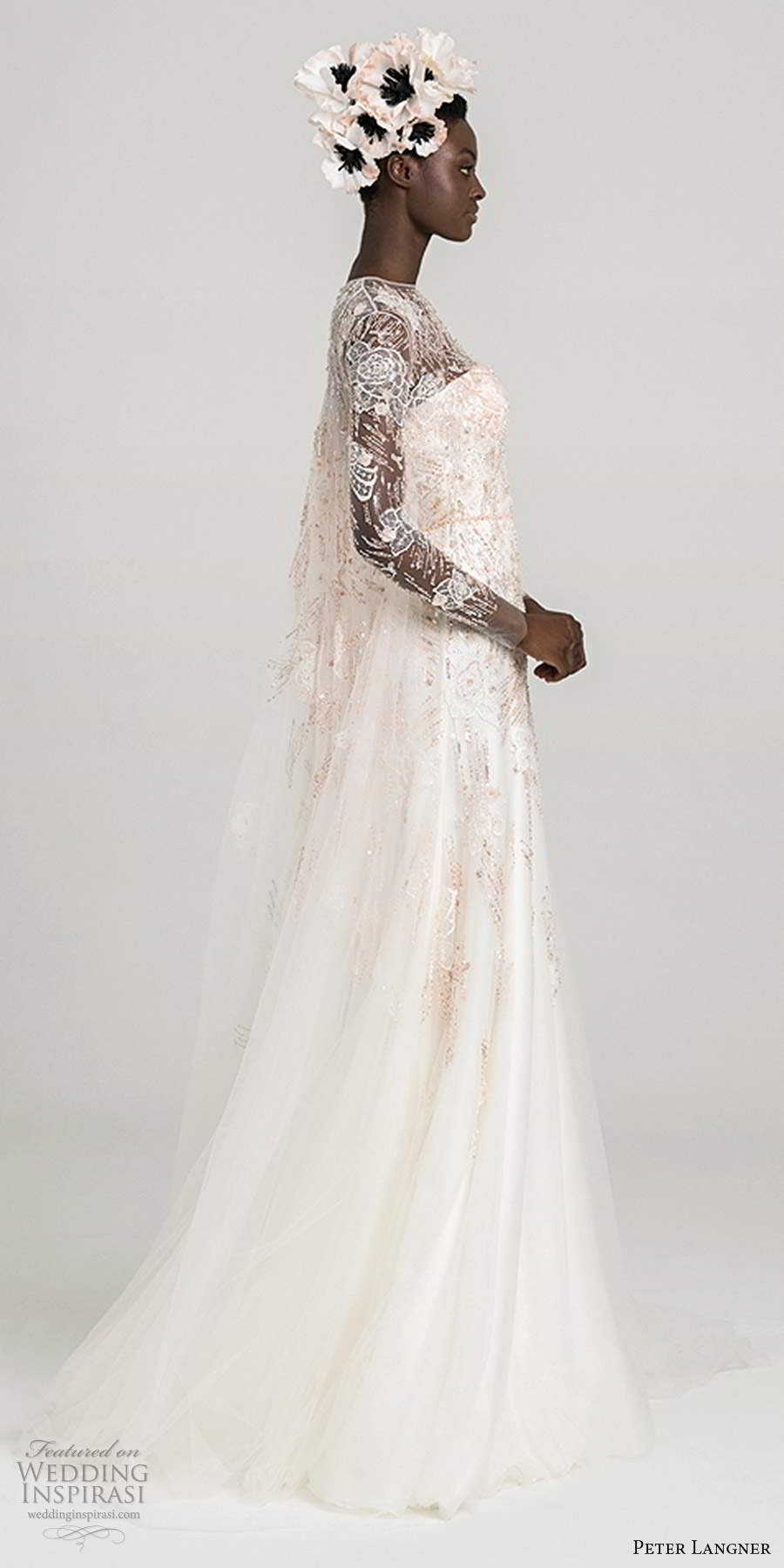 peter langner fall 2020 bridal illusion long sleeves sheer jewel neck fully embellished a line ball gown wedding dress blush color sweep train (10) sv