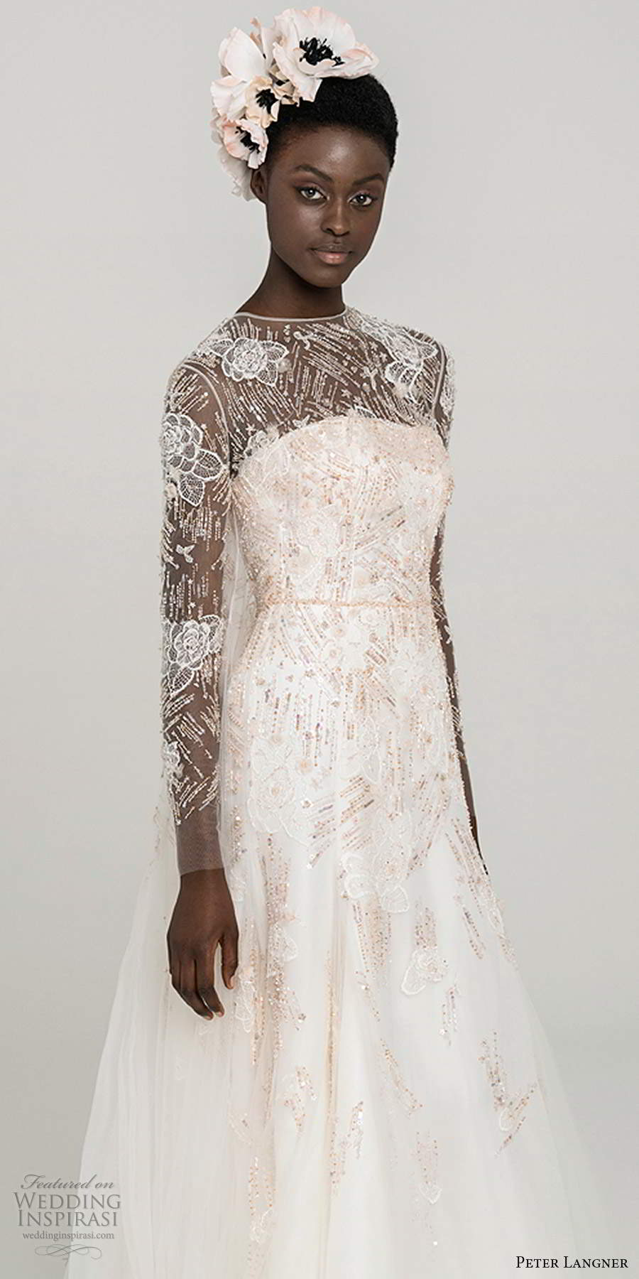 peter langner fall 2020 bridal illusion long sleeves sheer jewel neck fully embellished a line ball gown wedding dress blush color sweep train (10) zv peter langner fall 2020 bridal illusion long sleeves sheer jewel neck fully embellished a line ball gown wedding dress blush color sweep train (10) zv