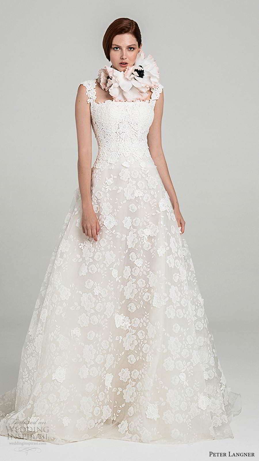 peter langner fall 2020 bridal off shoulder straps straight across neckline fully embellished lace a line ball gown wedding dress chapel train (4) mv