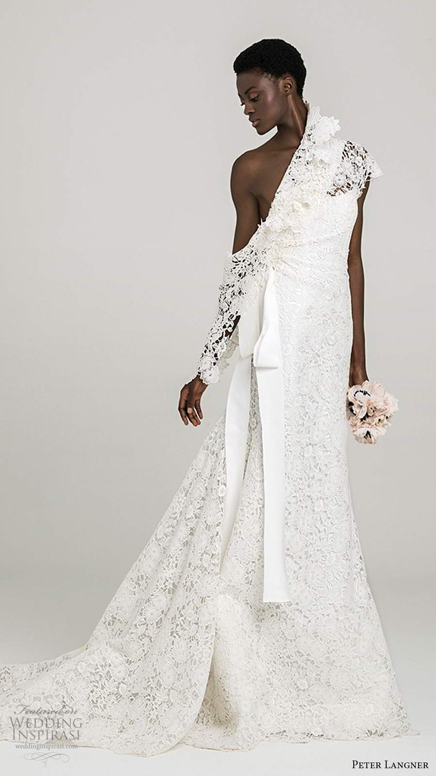 peter langner fall 2020 bridal one shoulder cap sleeves asymmetric neckline fully embellished lace fit flare trumpet a line wedding dress chapel train (8) mv