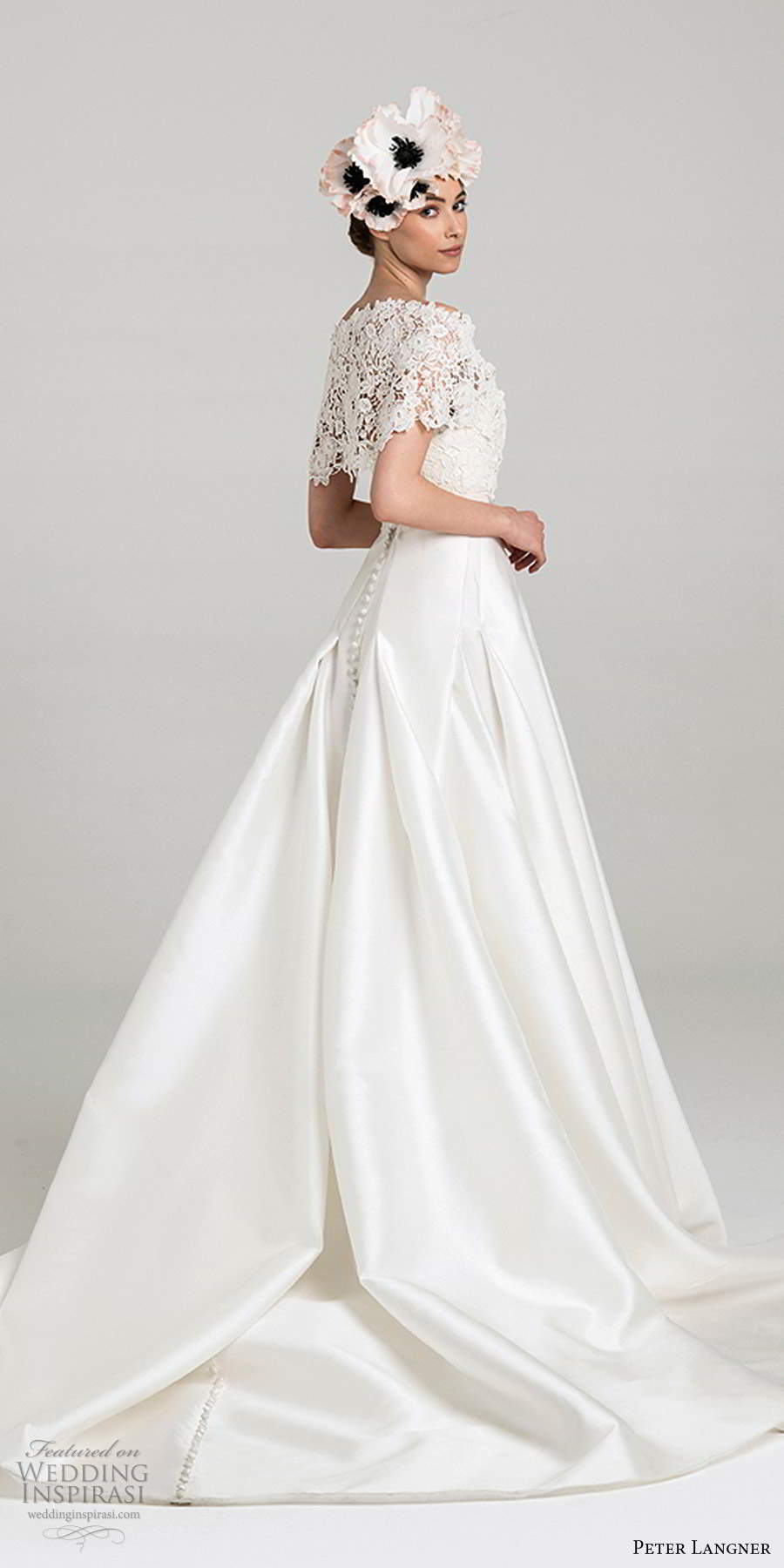 peter langner fall 2020 bridal sheer short sleeves off shoulder sweetheart neckline embellished lace bodice a line ball gown wedding dress chapel train (12) bv