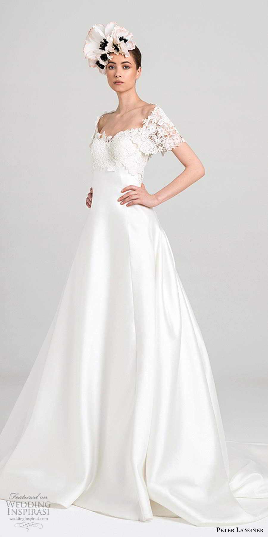 peter langner fall 2020 bridal sheer short sleeves off shoulder sweetheart neckline embellished lace bodice a line ball gown wedding dress chapel train (12) mv