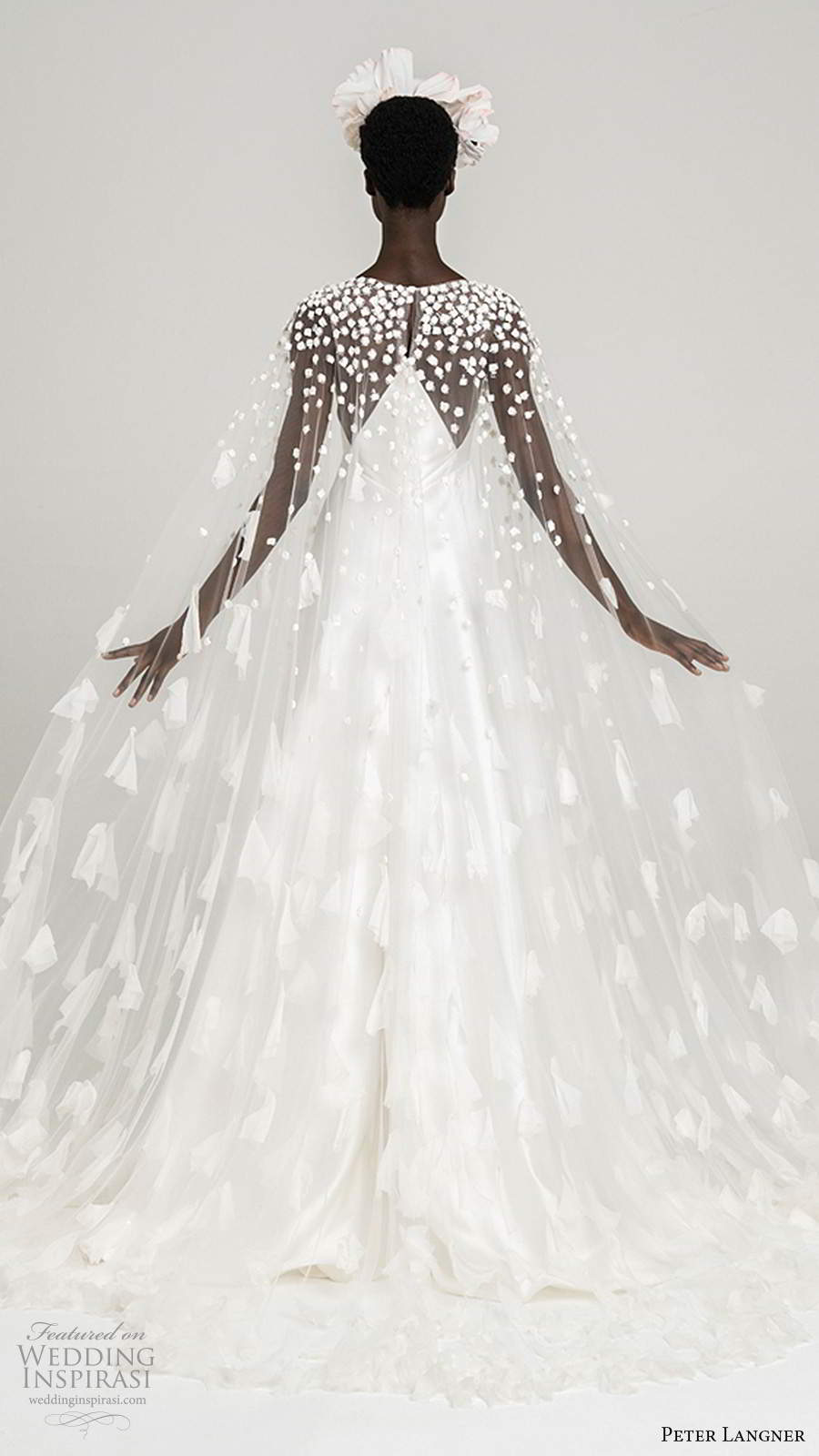 peter langner fall 2020 bridal sleelvees thin straps plunging v neckline clean minimally embellished empire waist wedding dress chapel train sheer floor length cape (1) bv peter langner fall 2020 bridal sleelvees thin straps plunging v neckline clean minimally embellished empire waist wedding dress chapel train sheer floor length cape (1) bv