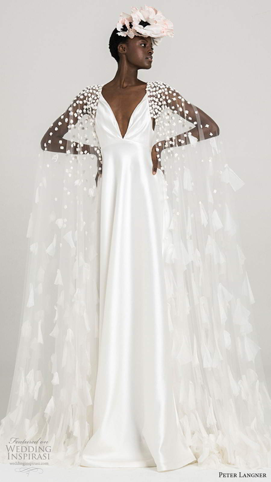 peter langner fall 2020 bridal sleelvees thin straps plunging v neckline clean minimally embellished empire waist wedding dress chapel train sheer floor length cape (1) mv peter langner fall 2020 bridal sleelvees thin straps plunging v neckline clean minimally embellished empire waist wedding dress chapel train sheer floor length cape (1) mv