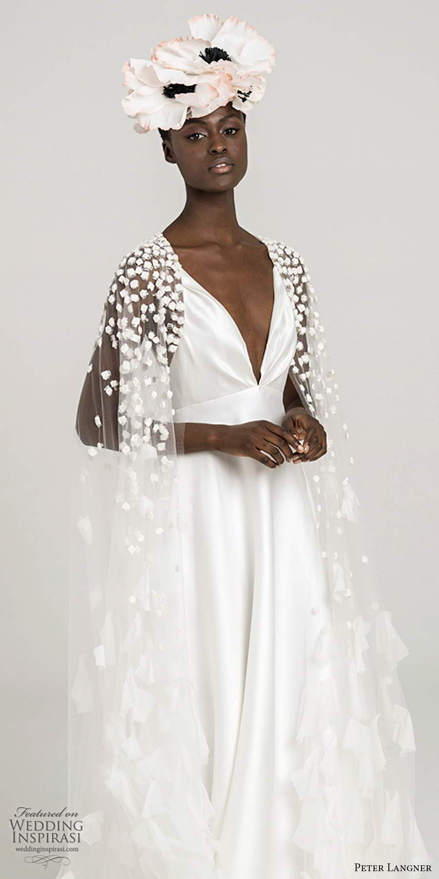 peter langner fall 2020 bridal sleelvees thin straps plunging v neckline clean minimally embellished empire waist wedding dress chapel train sheer floor length cape (1) zv