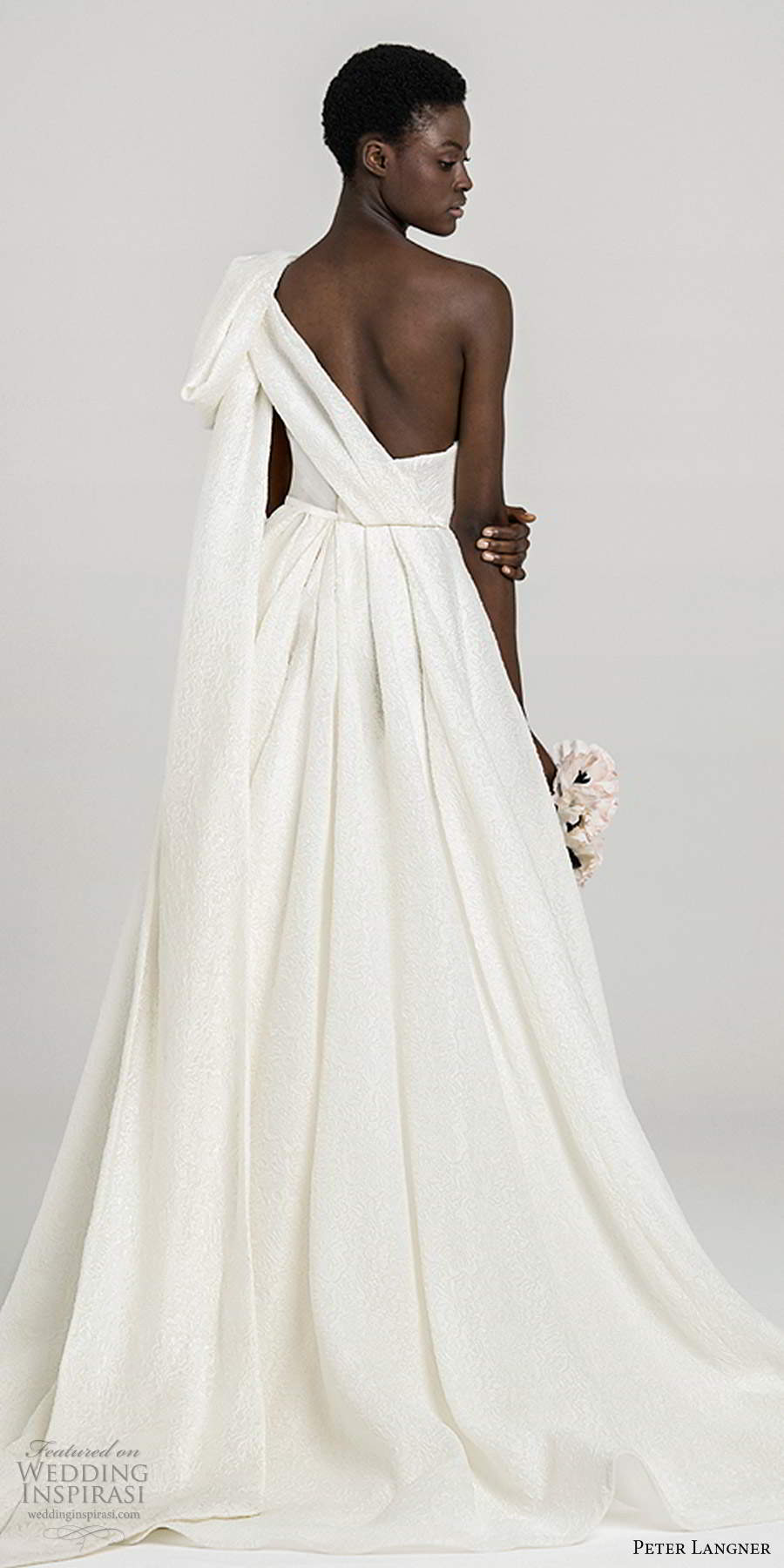 peter langner fall 2020 bridal sleeveless one shoulder asymmetric neckline pleated bodice minimally embellished a line ball gown wedding dress chapel train (13) bv