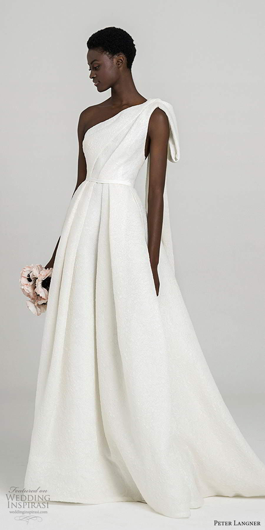 peter langner fall 2020 bridal sleeveless one shoulder asymmetric neckline pleated bodice minimally embellished a line ball gown wedding dress chapel train (13) mv