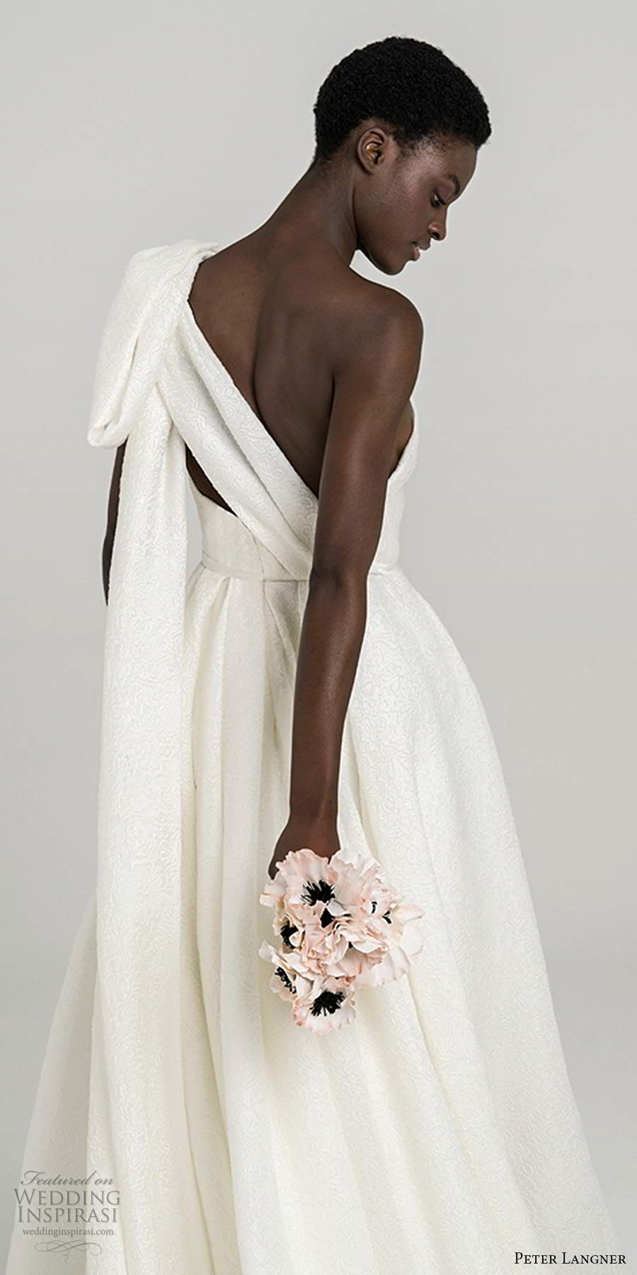 peter langner fall 2020 bridal sleeveless one shoulder asymmetric neckline pleated bodice minimally embellished a line ball gown wedding dress chapel train (13) zbv
