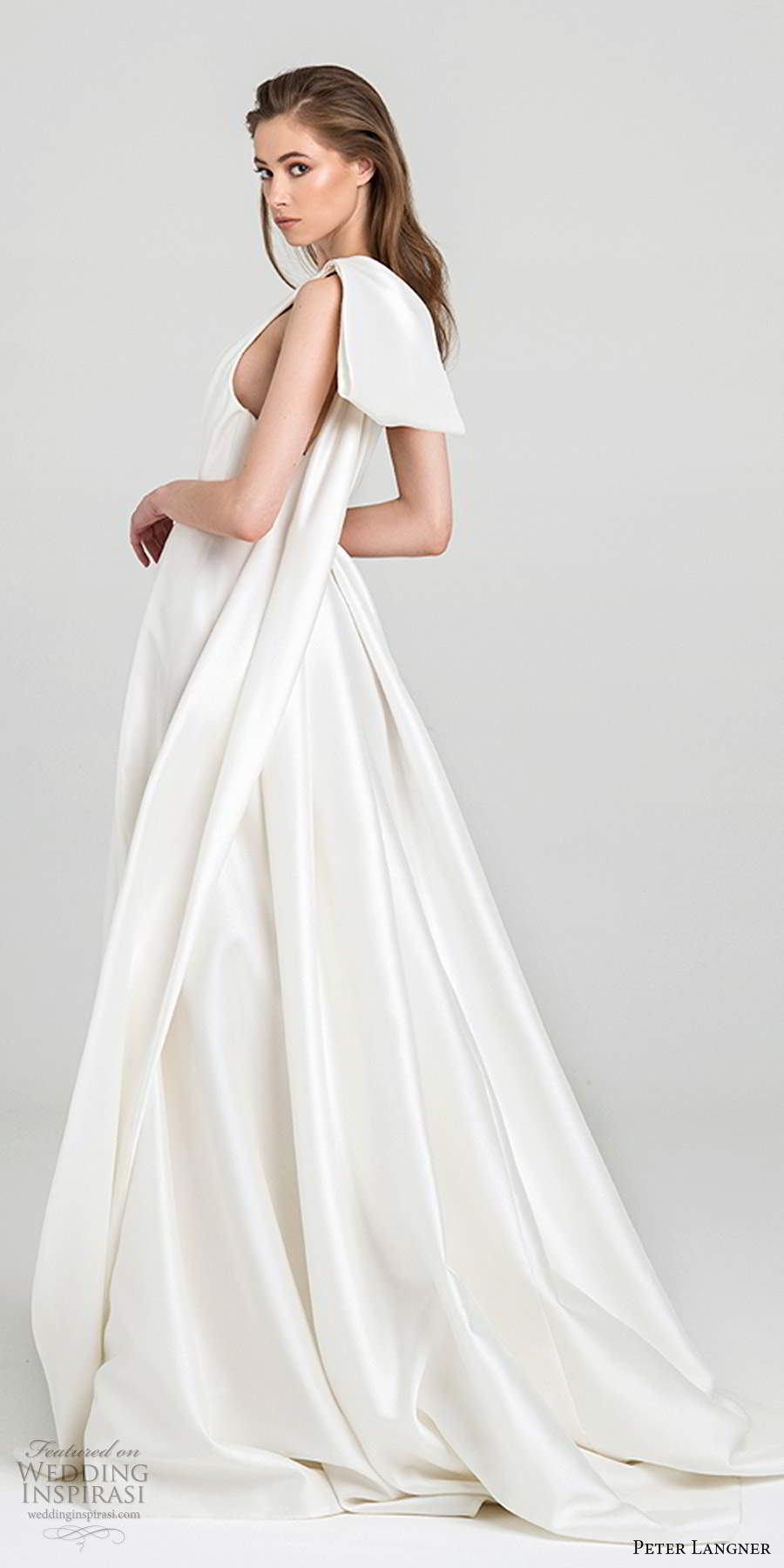 peter langner fall 2020 bridal sleeveless one shoulder asymmetric neckline pleated bodice minimally embellished a line ball gown wedding dress chapel train (14) bv