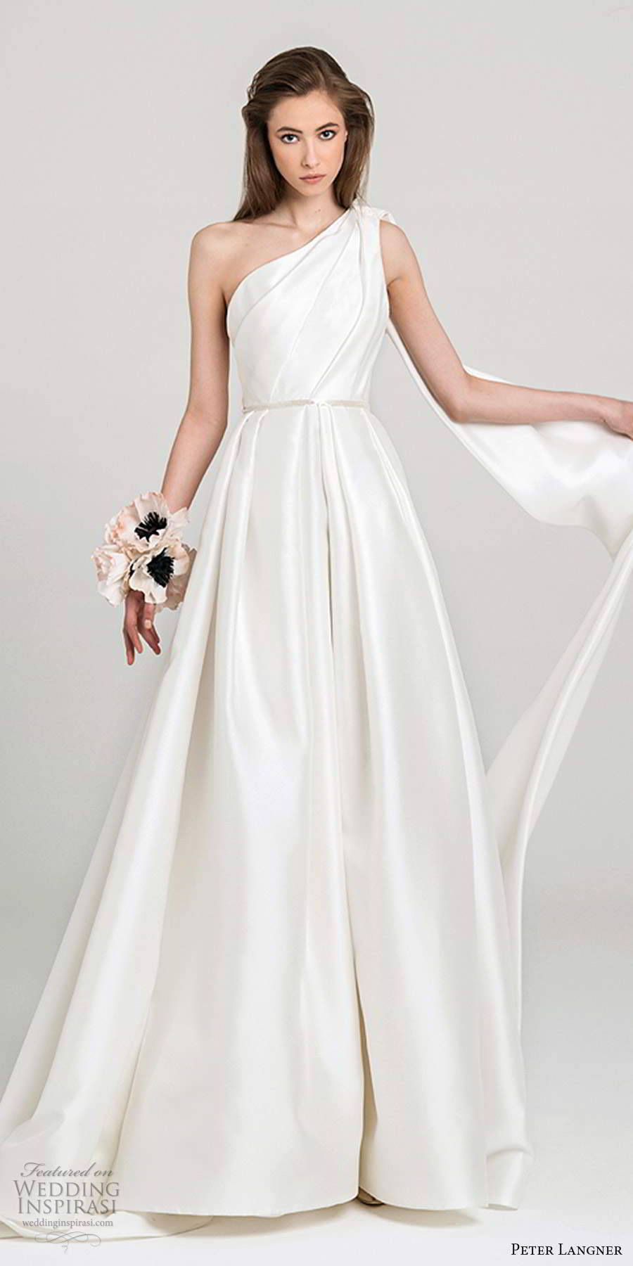 peter langner fall 2020 bridal sleeveless one shoulder asymmetric neckline pleated bodice minimally embellished a line ball gown wedding dress chapel train (14) mv