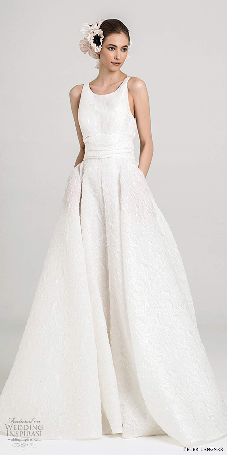 peter langner fall 2020 bridal sleeveless thick straps crew neckline minimal a line ball gown wedding dress pockets chapel train (16) mv