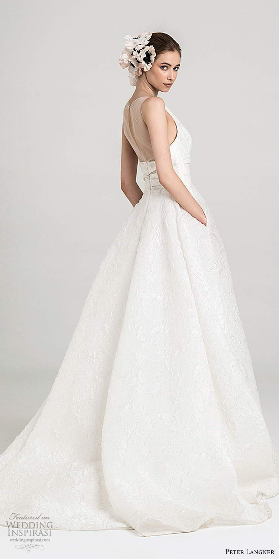 peter langner fall 2020 bridal sleeveless thick straps crew neckline minimal a line ball gown wedding dress pockets sheer back chapel train (16) mv