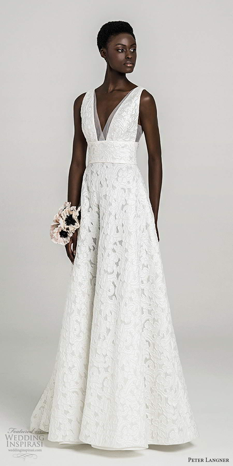 peter langner fall 2020 bridal sleeveless thick straps plunging v neckline fully embellished lace a line ball gown wedding dress sweep train (15) mv