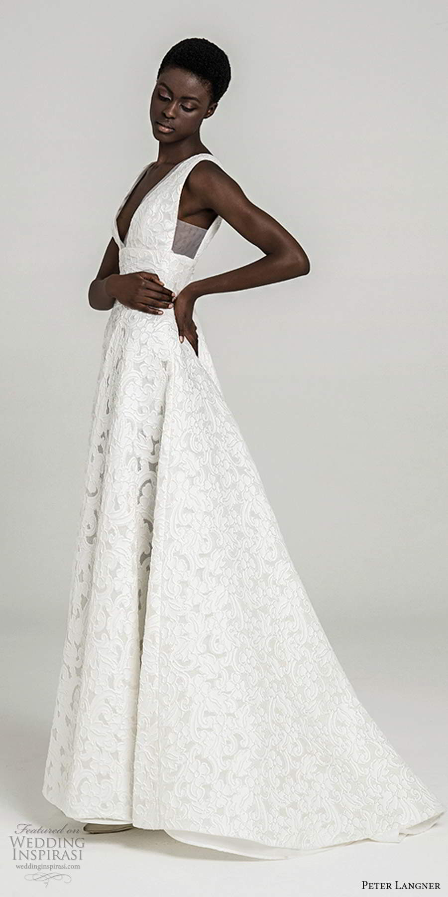 peter langner fall 2020 bridal sleeveless thick straps plunging v neckline fully embellished lace a line ball gown wedding dress sweep train (15) sv