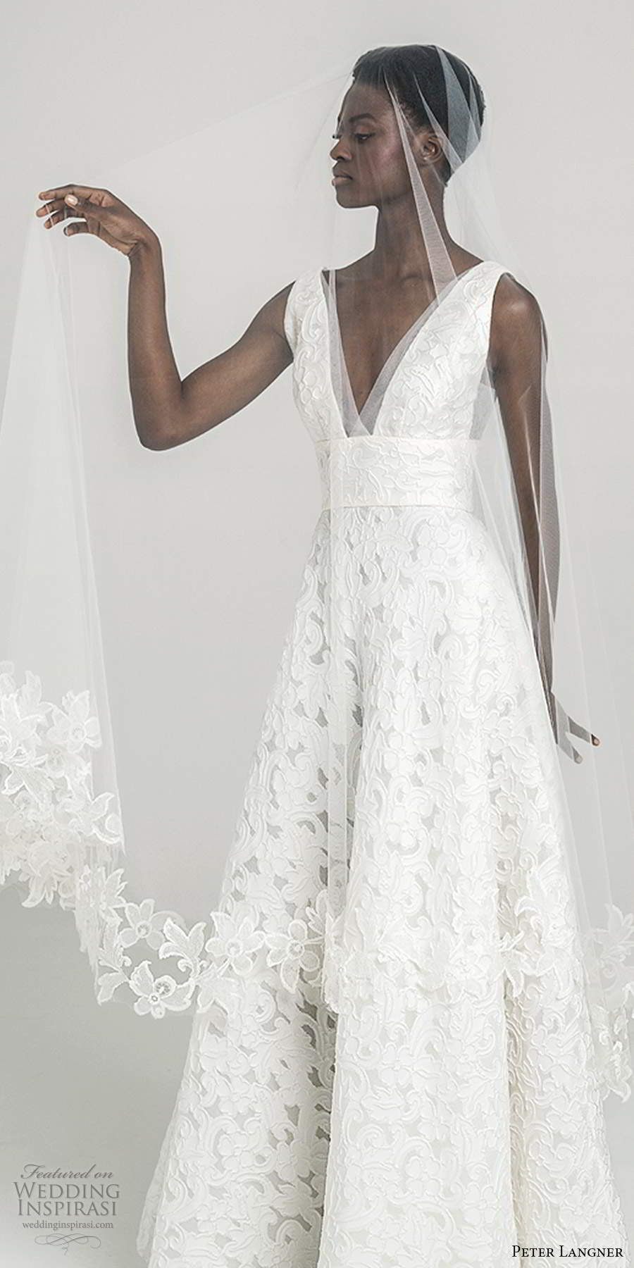 peter langner fall 2020 bridal sleeveless thick straps plunging v neckline fully embellished lace a line ball gown wedding dress sweep train (15) zv