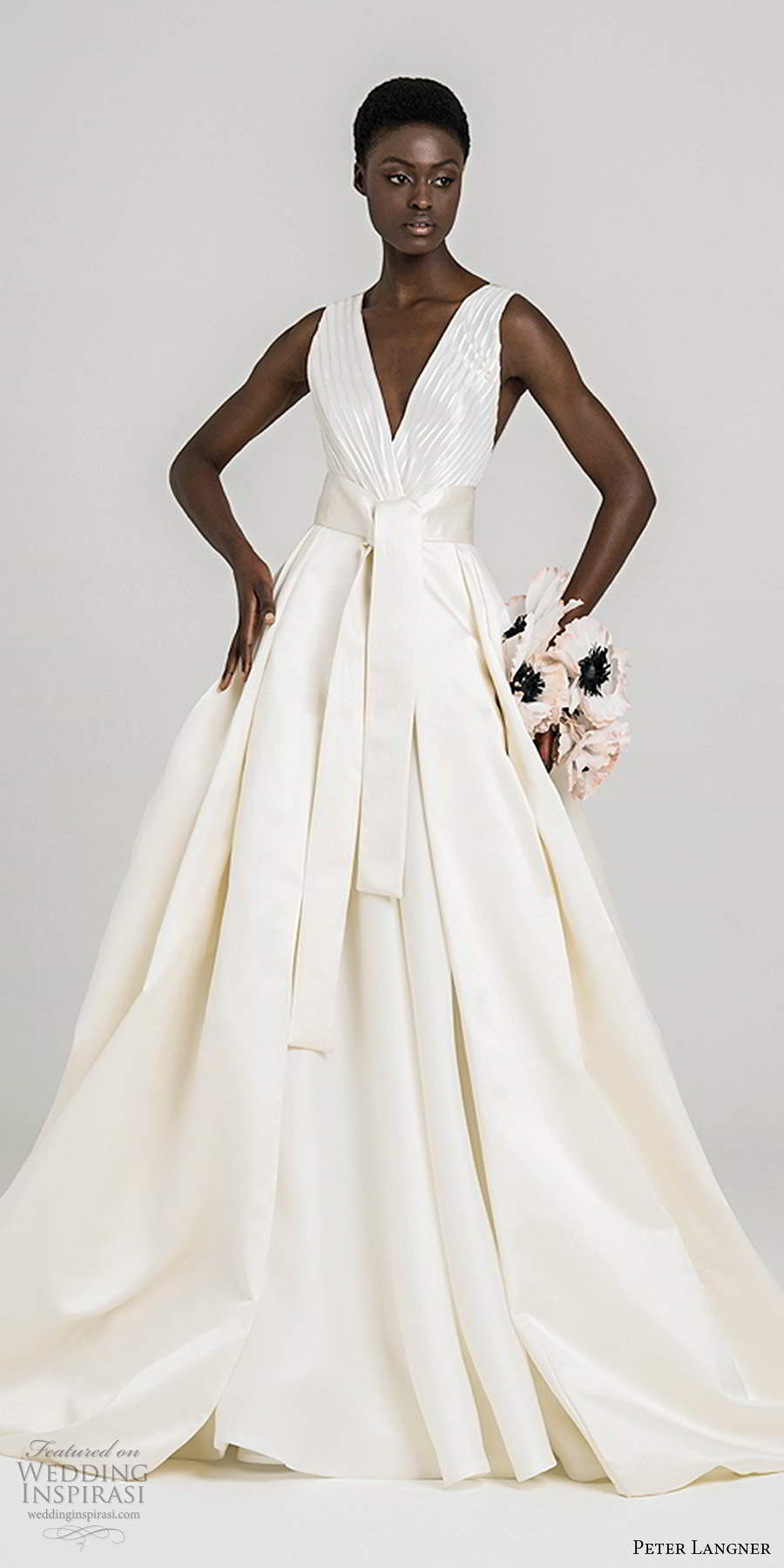 peter langner fall 2020 bridal sleeveless thick straps surplice v neckline minimally embellished a line ball gown wedding dress chapel train (6) mv