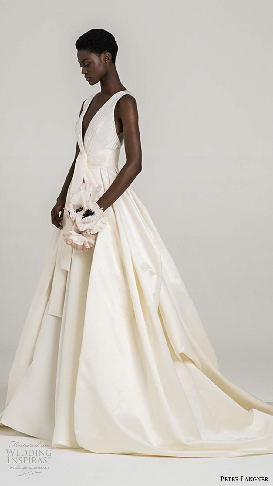 peter langner fall 2020 bridal sleeveless thick straps surplice v neckline minimally embellished a line ball gown wedding dress chapel train (6) sv