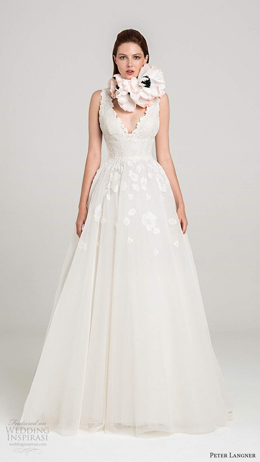 peter langner fall 2020 bridal sleeveless thick straps v encekline embellished bodice a line ball gown lace wedding dress chapel train (7) mv