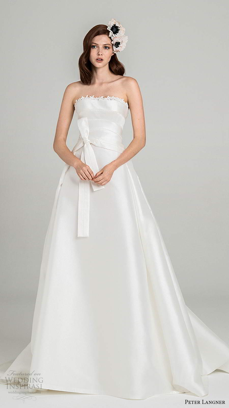 peter langner fall 2020 bridal strapless straight across neckline minimally embellished a line ball gown wedding dress chapel train (5) mv