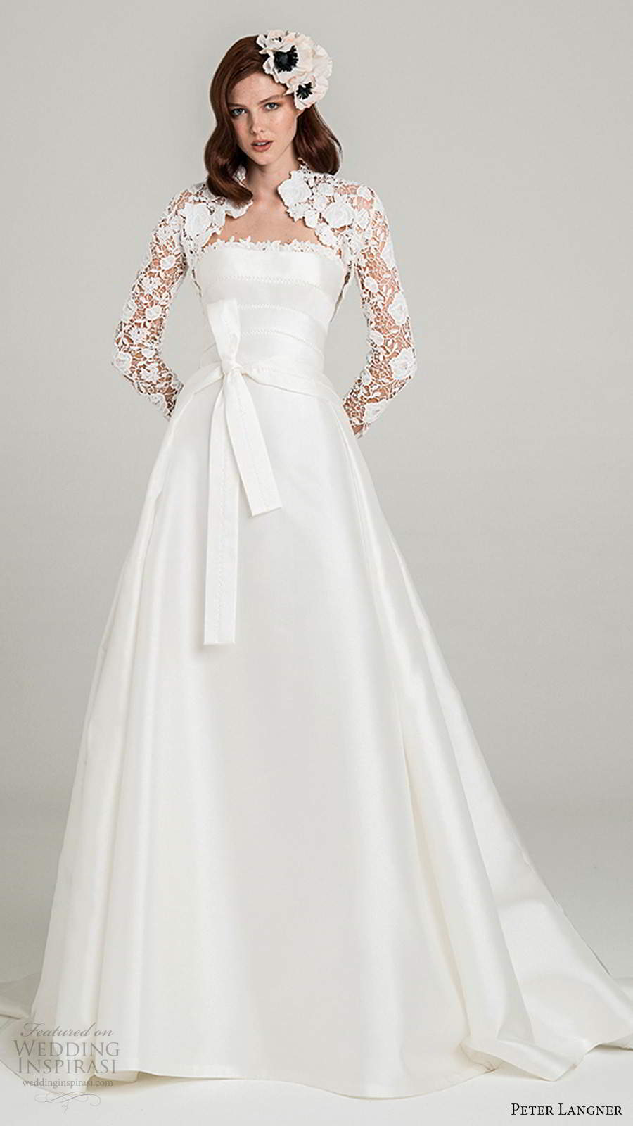 peter langner fall 2020 bridal strapless straight across neckline minimally embellished a line ball gown wedding dress chapel train illusion long sleeve jacket (5) mv