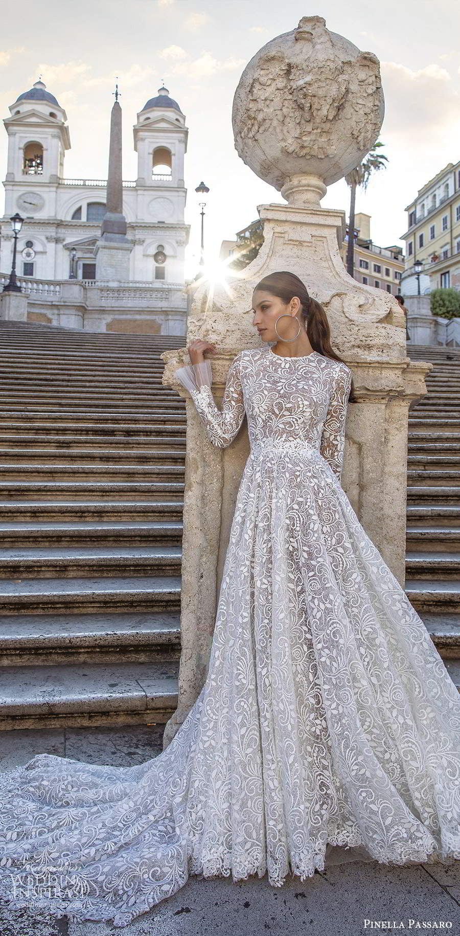 pinella passaro 2020 bridal flare long sleeves jewel neckline fully embellished a line ball gown wedding dress chapel train (10) mv