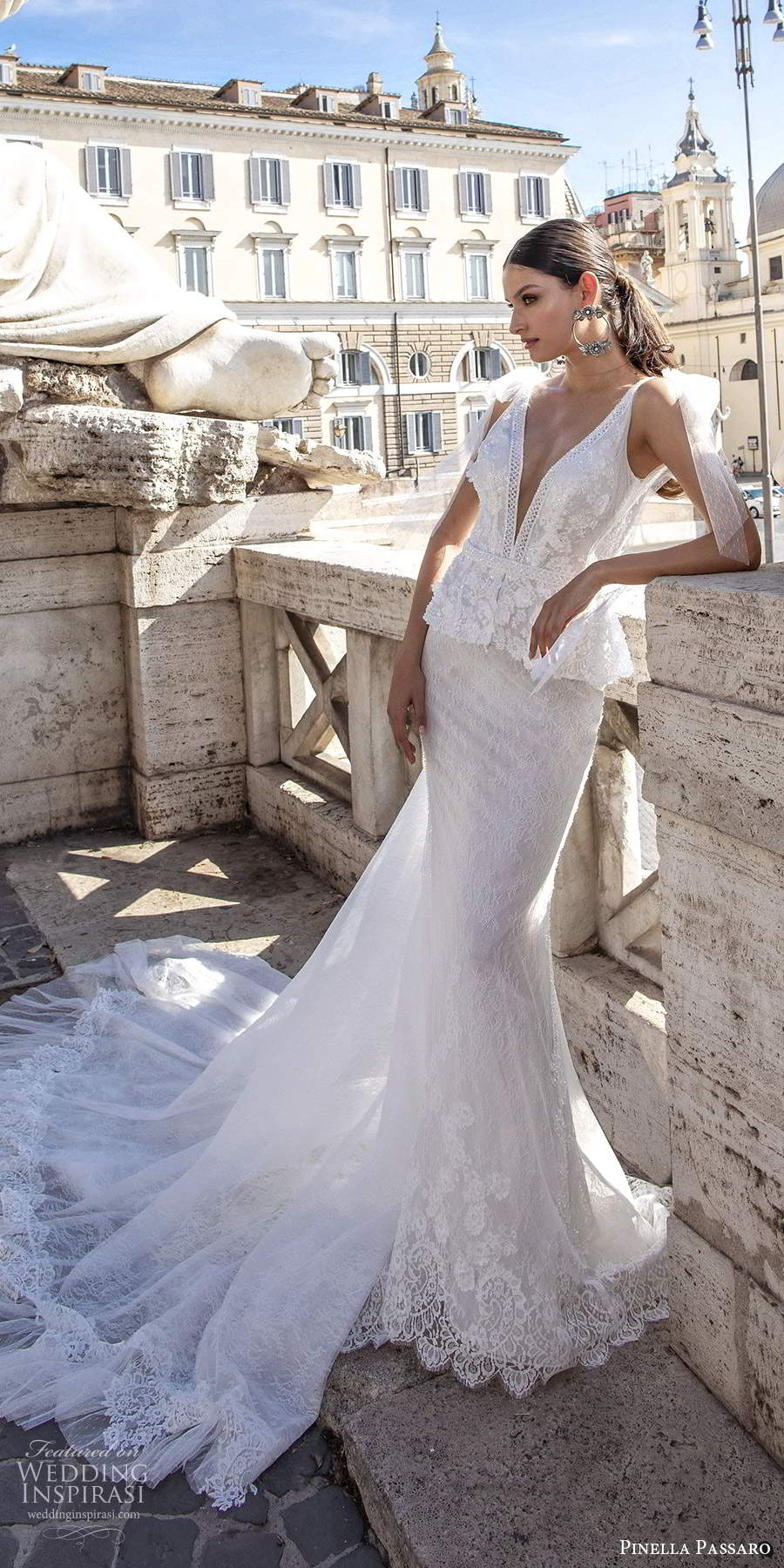 pinella passaro 2020 bridal sleeveless bow straps plunging v neckline peplum waist fully embellished lace mermaid wedding dress v back chapel train (6) mv