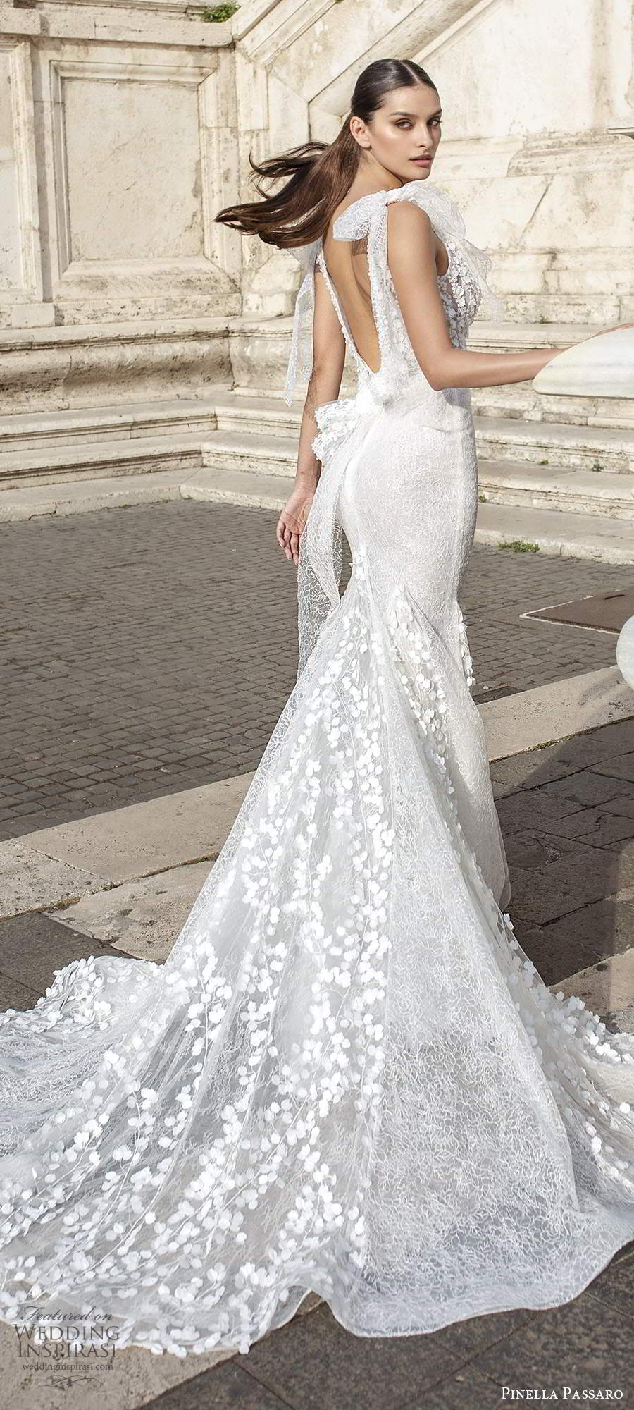 pinella passaro 2020 bridal sleeveless bow straps v neckline sheer bodice fully embellished lace fit flare mermaidsheath wedding dress scoop back chapel train (8) bv