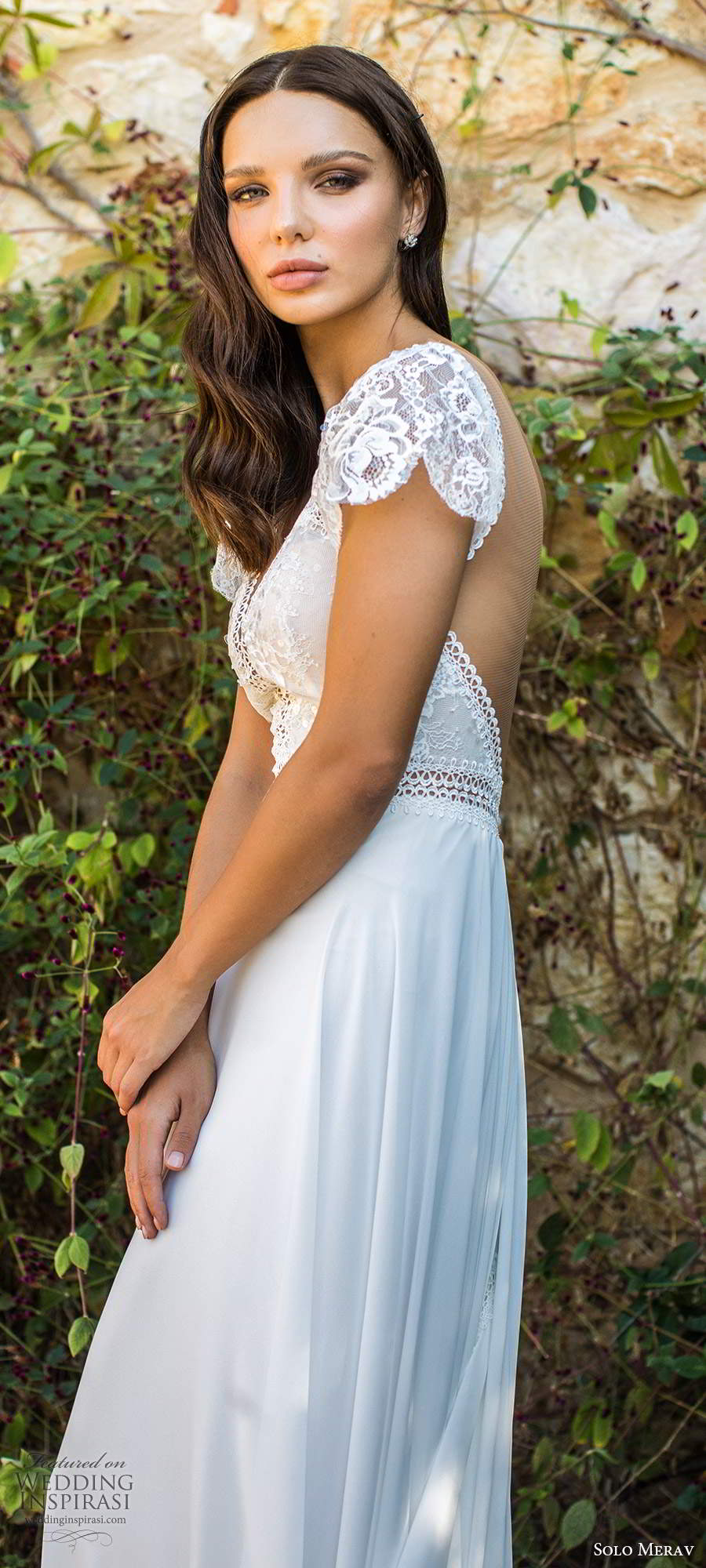 solo merav fall 2020 bridal illusion cap sleeves v neckline embellished lace bodice soft a line wedding dress sheer scoop back chapel train (6) zsv