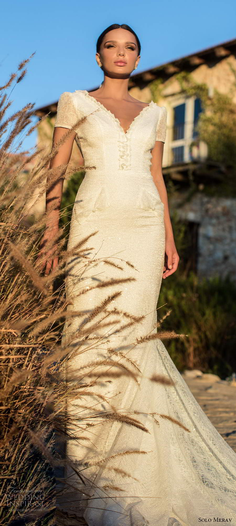 solo merav fall 2020 bridal short sleeves v neckline fully embellished glitzy sheath trumpet mermaid wedding dress v back chapel train (10) mv