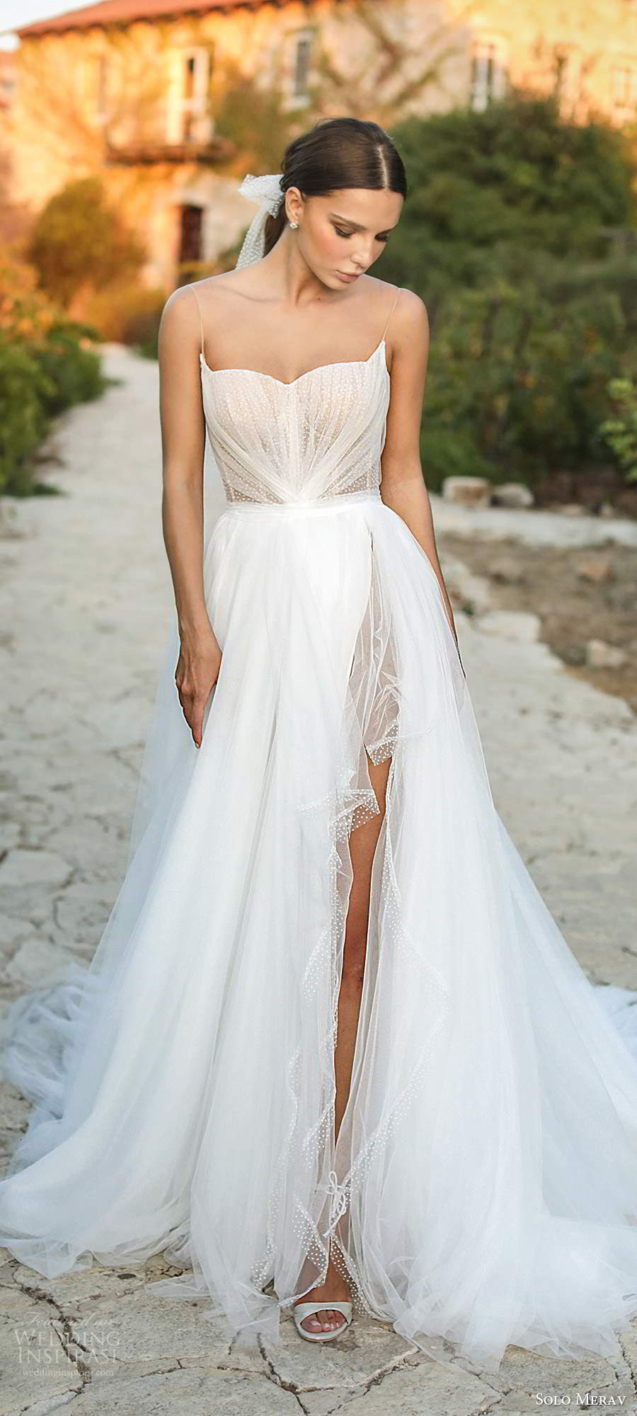 solo merav fall 2020 bridal sleeveless illusion straps semi sweetheart neckline ruched sheer bodice a line ball gown wedding dress slit skirt chapel train (1) mv