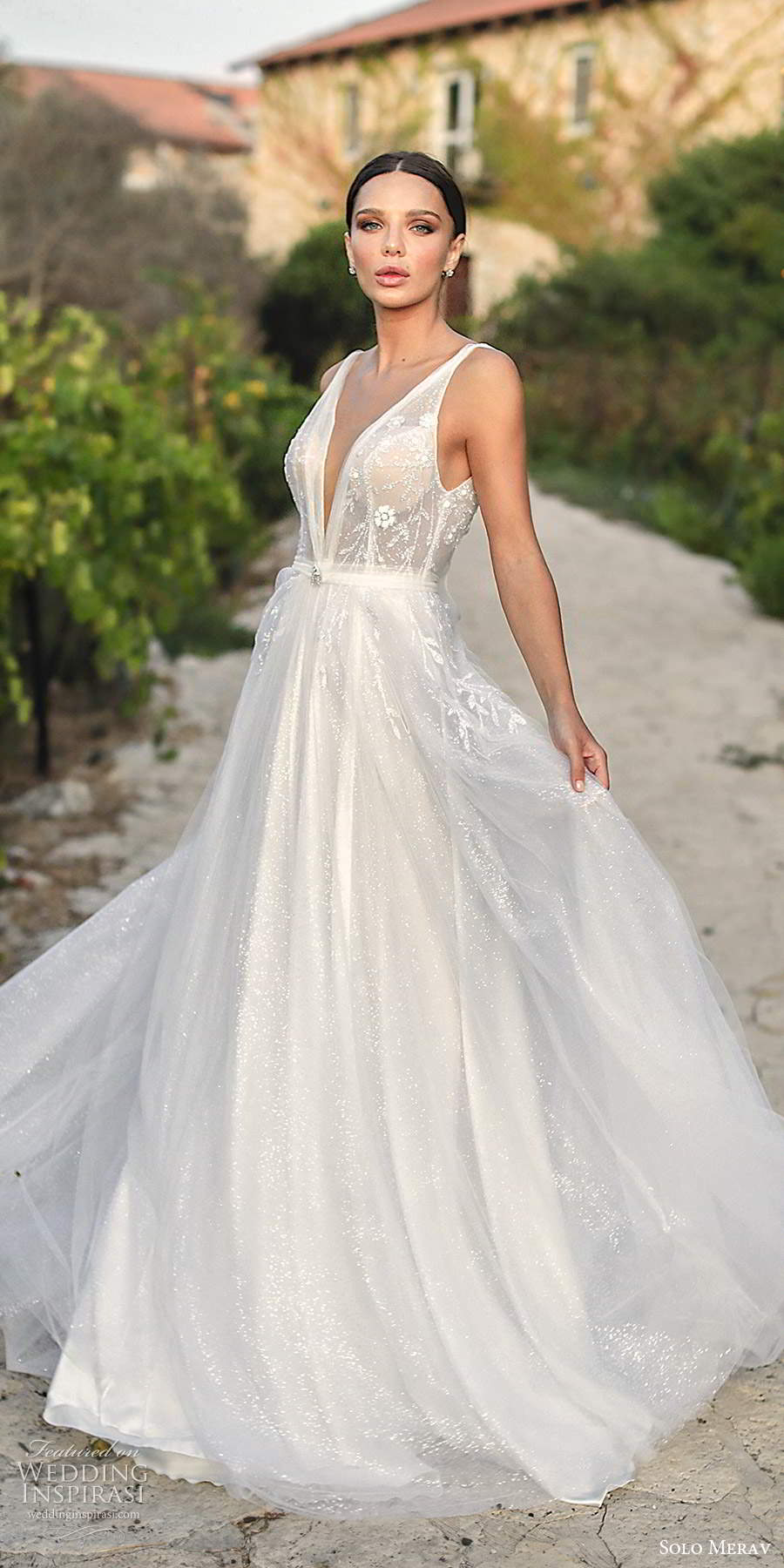 solo merav fall 2020 bridal sleeveless straps plunging v neckline fully embellished sheer bodice a line ball gown wedding dress scoop back chapel train (4) fv