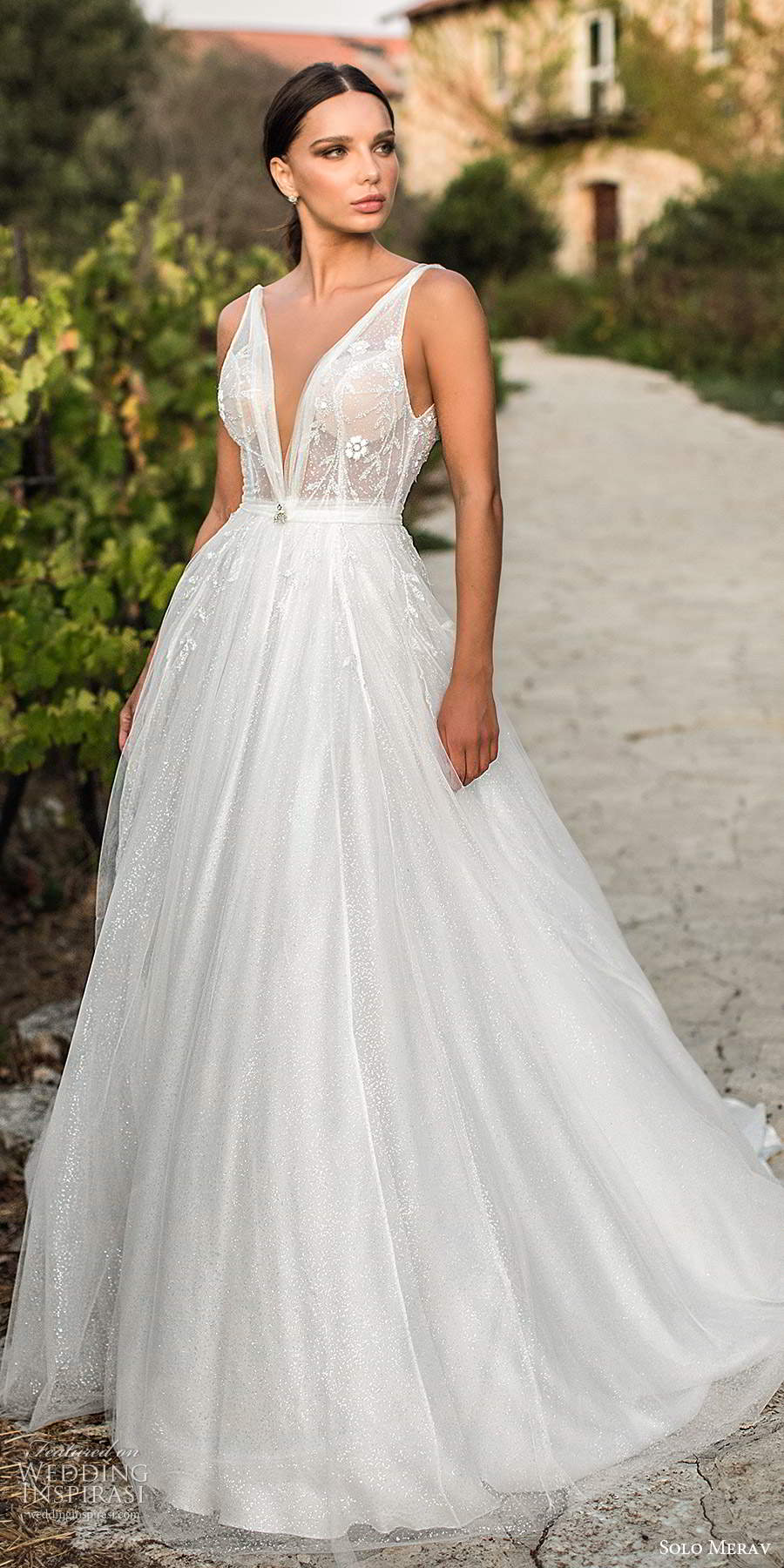 solo merav fall 2020 bridal sleeveless straps plunging v neckline fully embellished sheer bodice a line ball gown wedding dress scoop back chapel train (4) mv