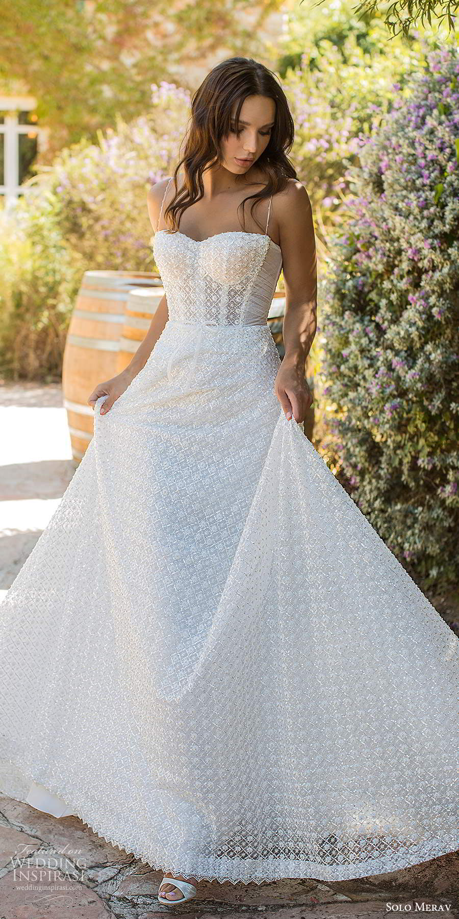 solo merav fall 2020 bridal sleeveless thin straps semi sweetheart fully embellished a line ball gown wedding dress chapel train (5) mv