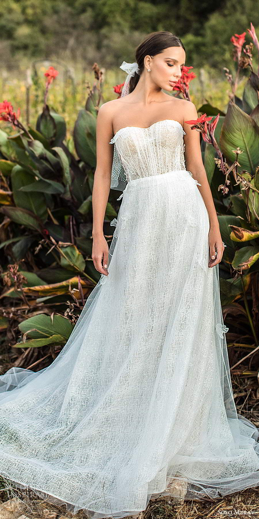 solo merav fall 2020 bridal strapless semi sweetheart neckline fully embellished ruched bodice a line ball gown wedding dress chapel train (3) mv