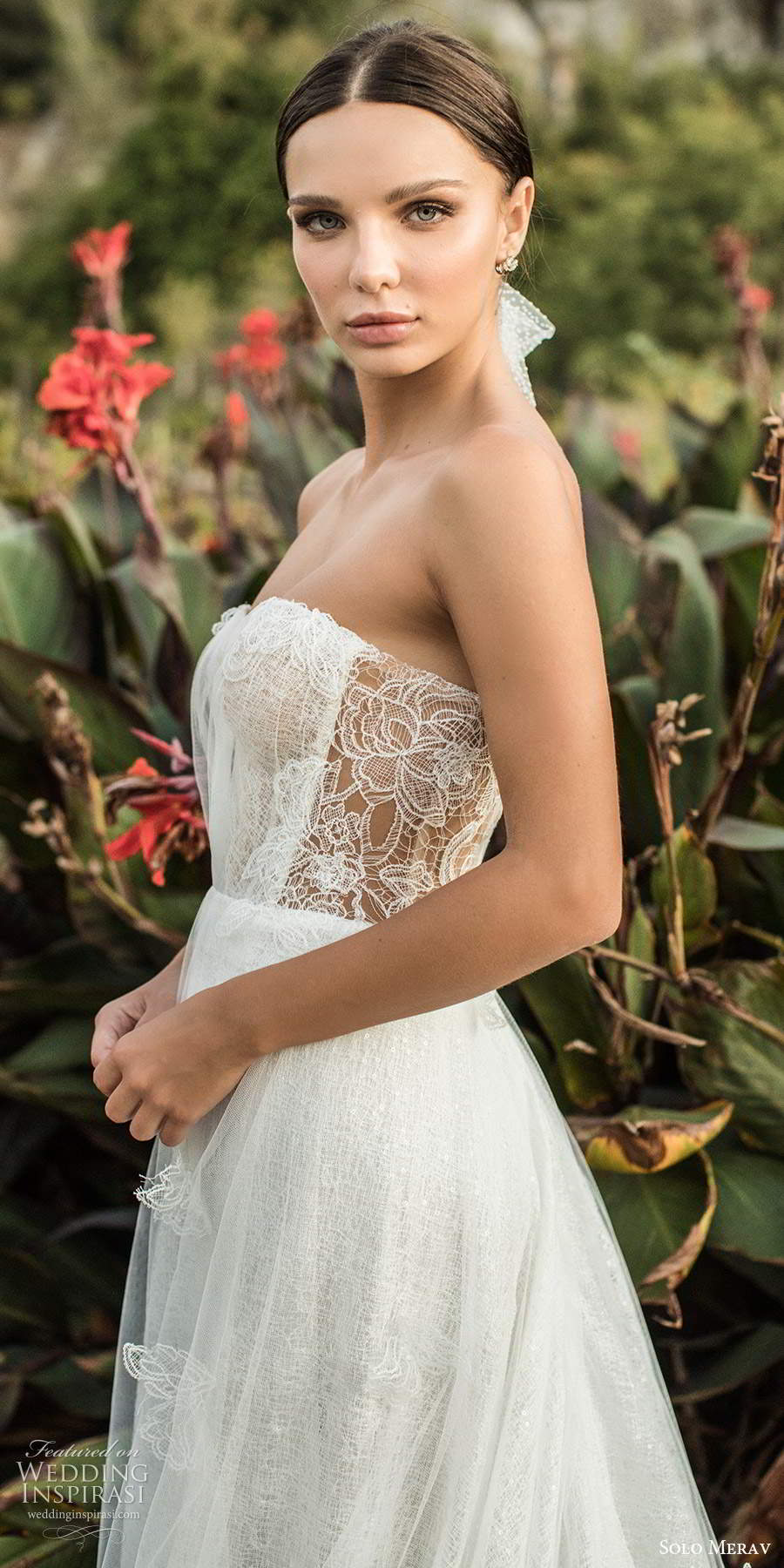 solo merav fall 2020 bridal strapless semi sweetheart neckline fully embellished ruched bodice a line ball gown wedding dress sheer back chapel train (3) zsv