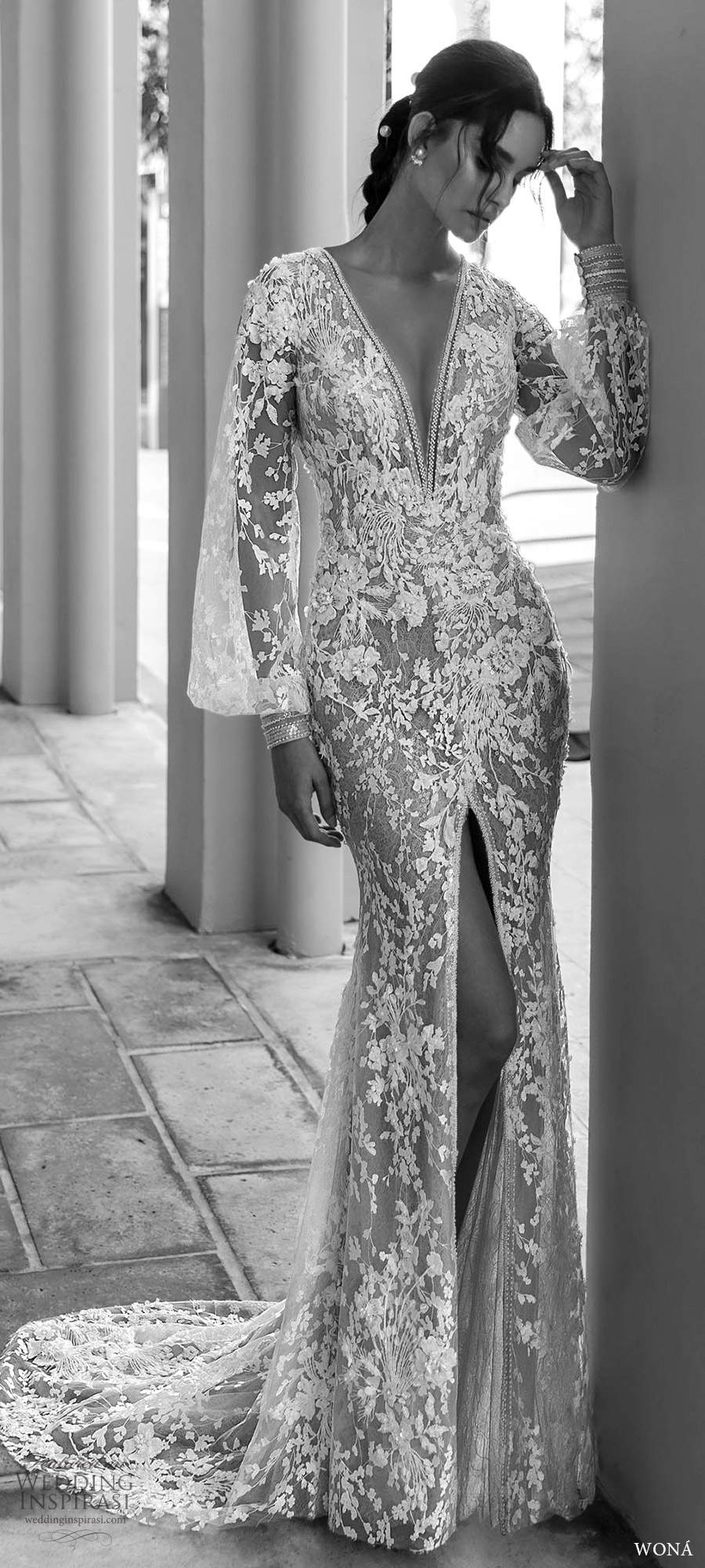 wona fall 2020 bridal illusion bishop sleeves plunging v neckline fully embellished lace sheath wedding dress slit skirt chapel train (11) mv wona fall 2020 bridal illusion bishop sleeves plunging v neckline fully embellished lace sheath wedding dress slit skirt chapel train (11) mv