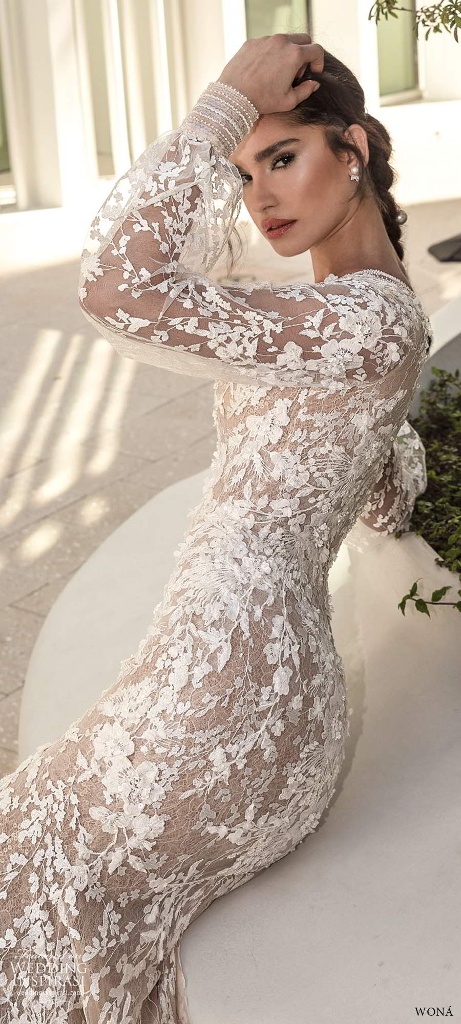 wona fall 2020 bridal illusion bishop sleeves plunging v neckline fully embellished lace sheath wedding dress slit skirt chapel train (11) zsv wona fall 2020 bridal illusion bishop sleeves plunging v neckline fully embellished lace sheath wedding dress slit skirt chapel train (11) zsv