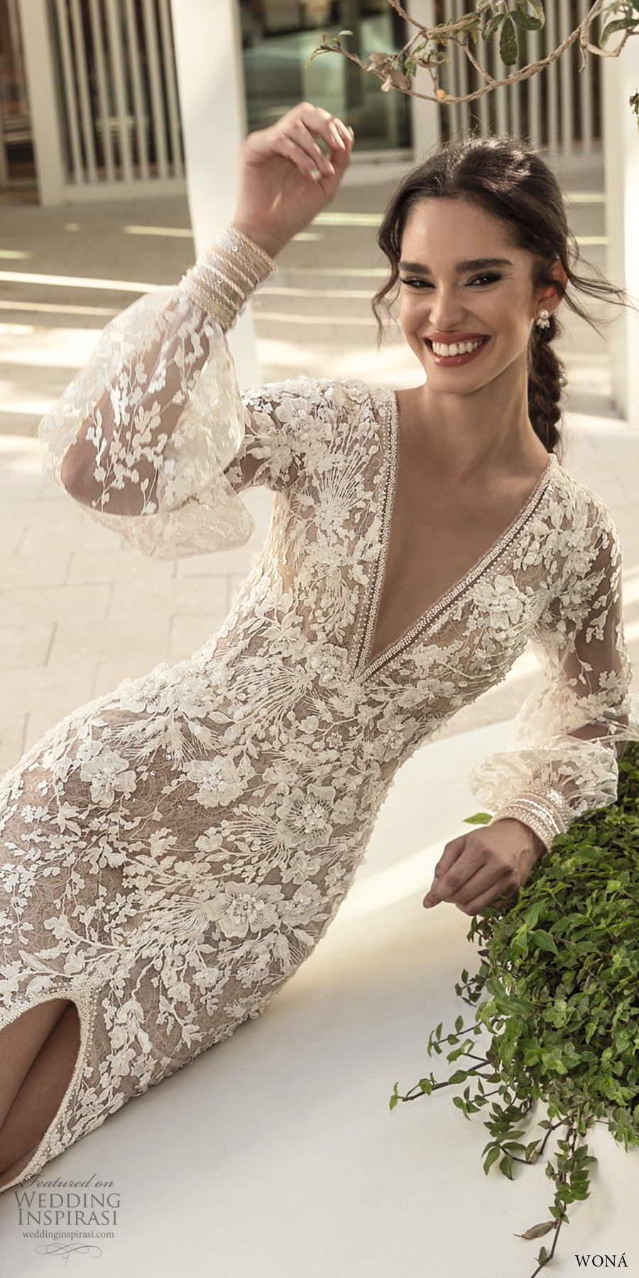 wona fall 2020 bridal illusion bishop sleeves plunging v neckline fully embellished lace sheath wedding dress slit skirt chapel train (11) zv