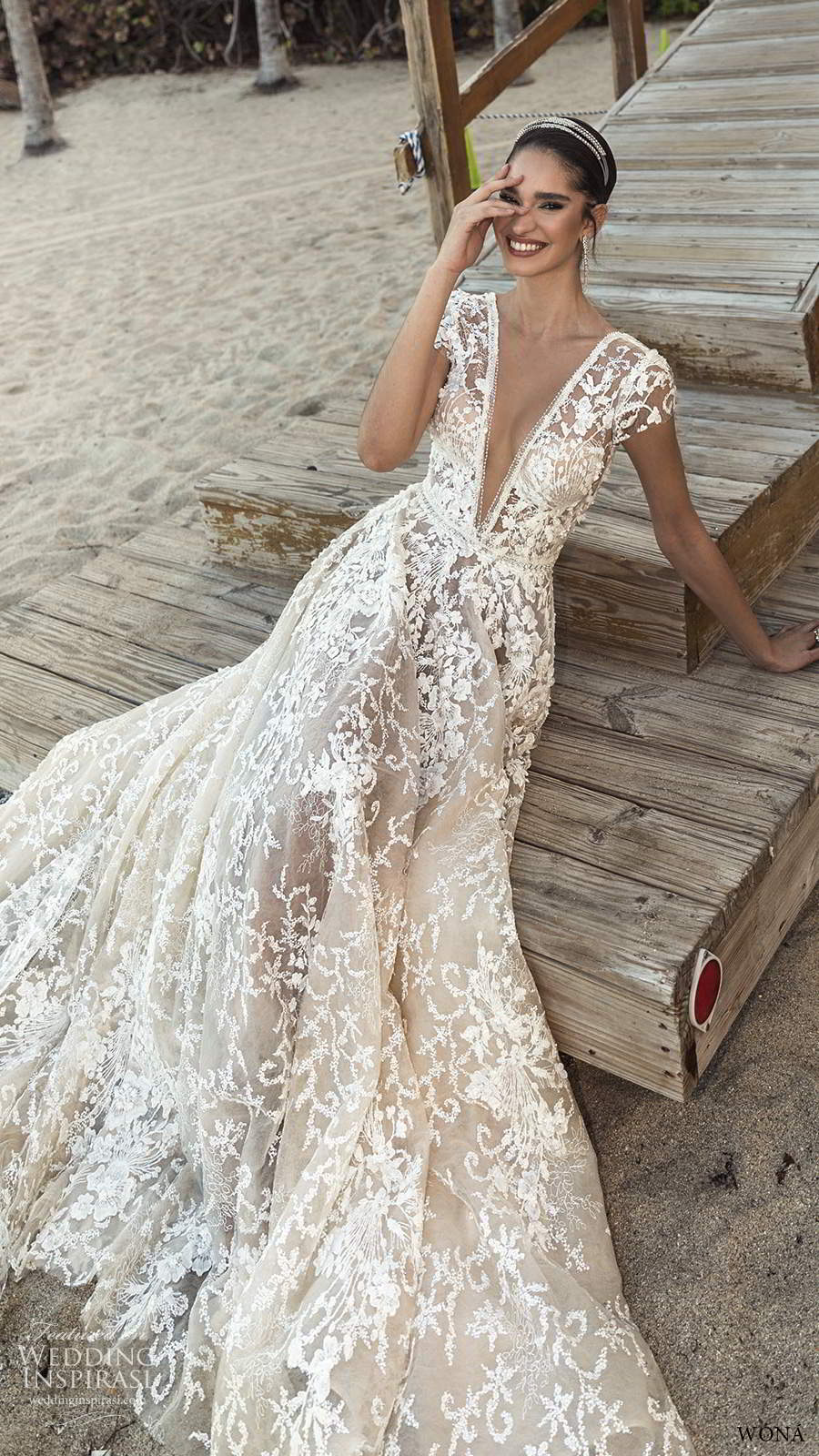 wona fall 2020 bridal illusion cap sleeve plunging v neckline sheer bodice fully embellished a line ball gown wedding dress v back  chapel train(12) mv