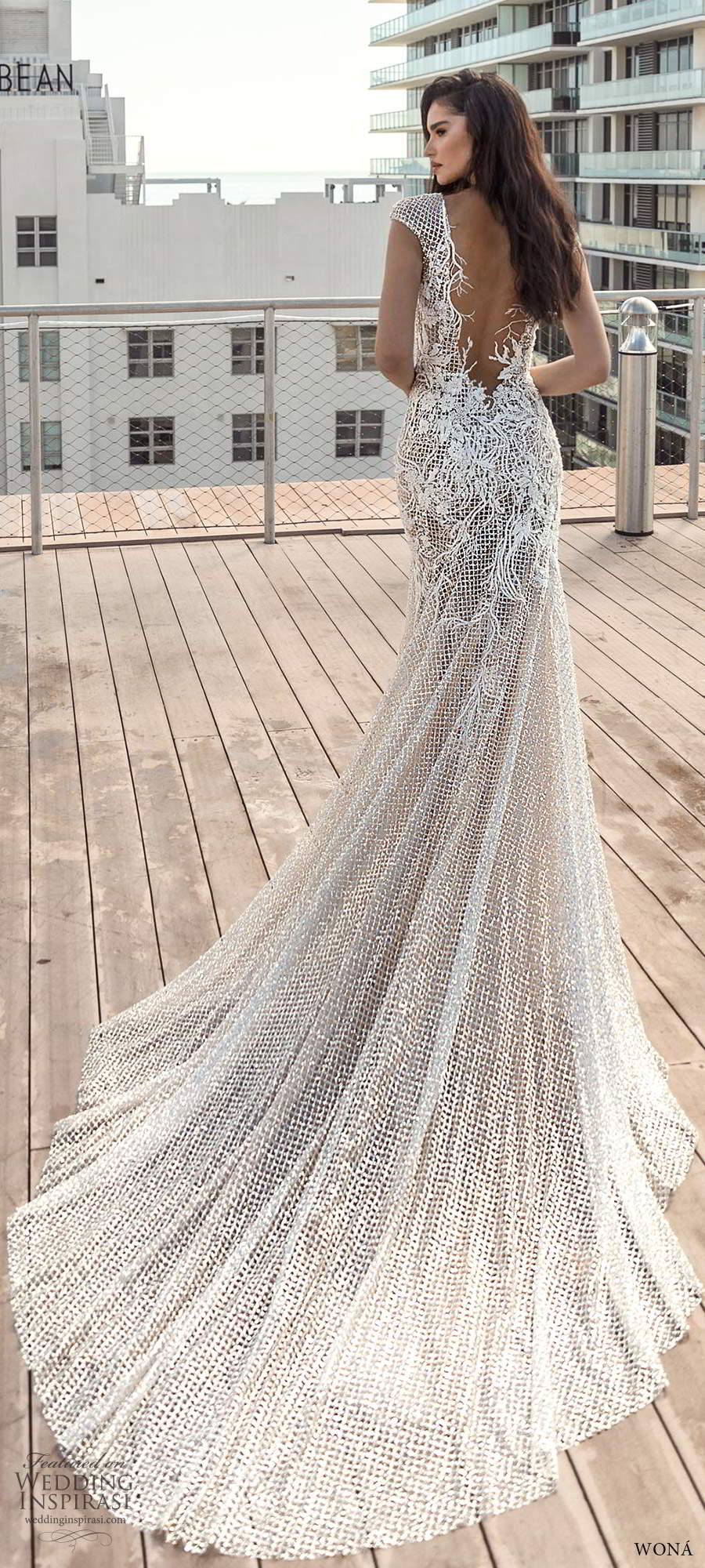 wona fall 2020 bridal illusion cap sleeve plunging v neckline sheer bodice fully embellished glitzy glam fit flare mermaid wedding dress low back chapel train (17) bv