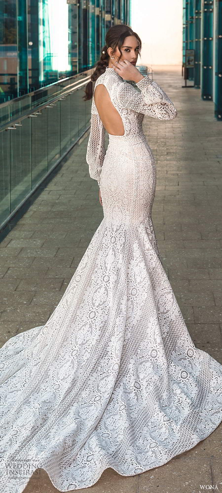 wona fall 2020 bridal long bishop sleeves high neckline fully embellished lace fit flare mermaid wedding dress keyhole back cathedral train (7) bv