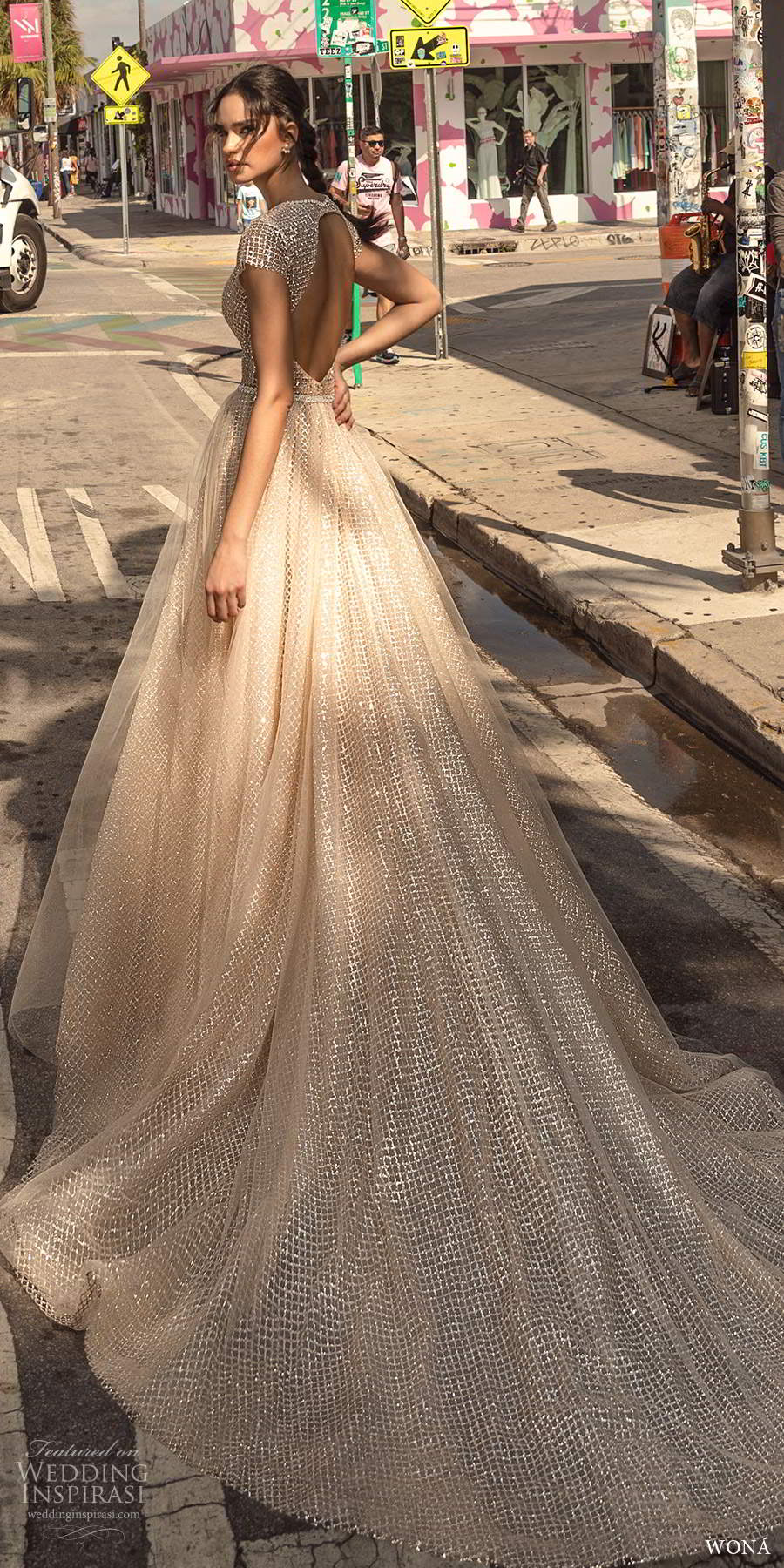 wona fall 2020 bridal short sleeves plunging v neckline fully embellished glitzy a line ball gown wedding dress keyhole back chapel train (8) bv