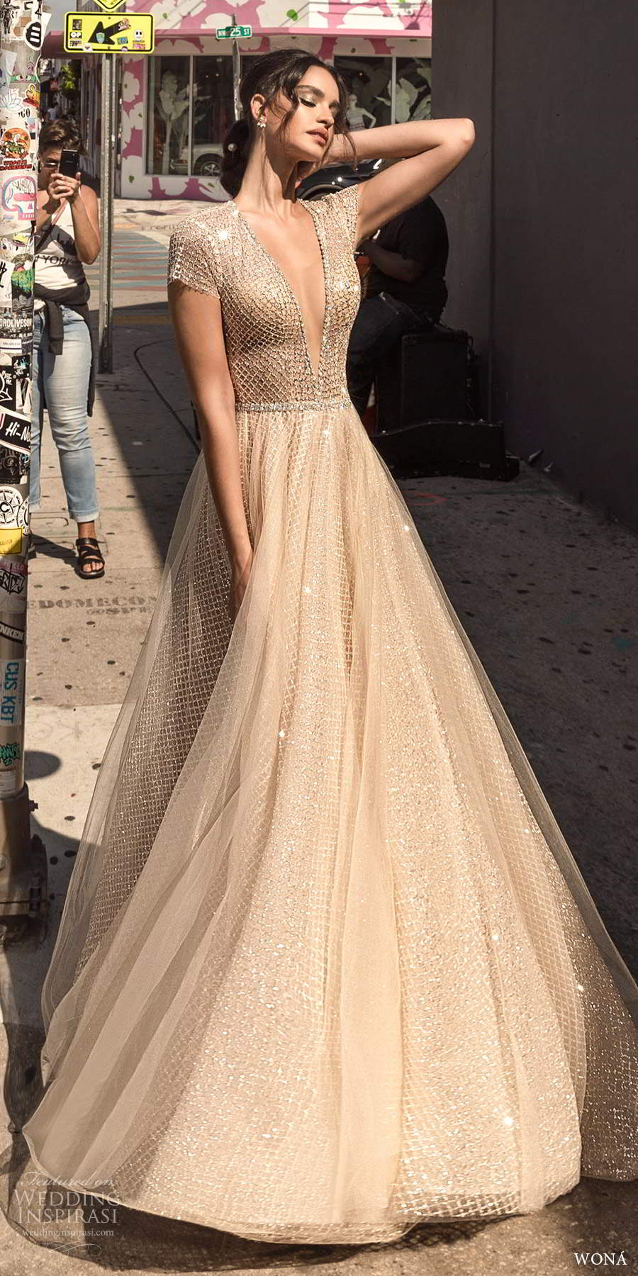 wona fall 2020 bridal short sleeves plunging v neckline fully embellished glitzy a line ball gown wedding dress keyhole back chapel train (8) mv